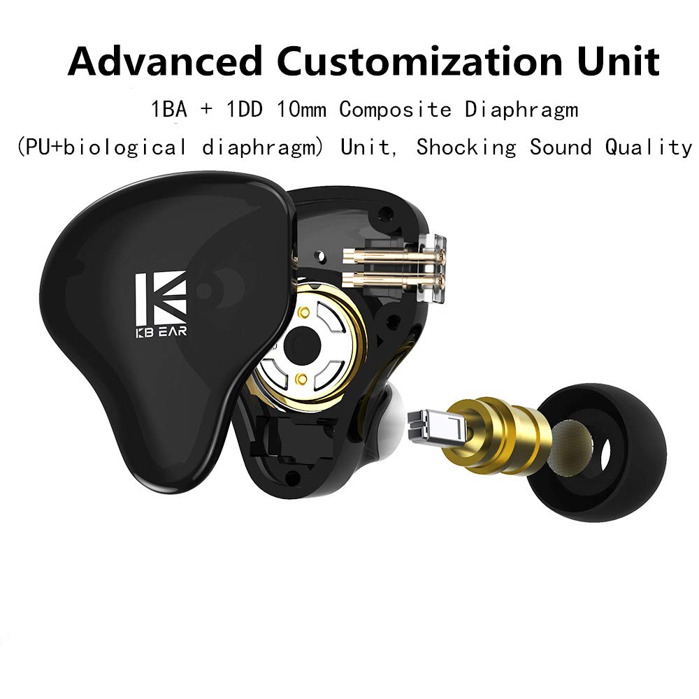 KBEAR KS2 IEM, in Ear Monitor Headphones Hybrid 1BA 1DD Wired Earbuds Stereo Bass HiFi IEM Earphone Noise Cancelling High Resolution with Detachable Cable for Running Gaming (USBC with Mic, Black)