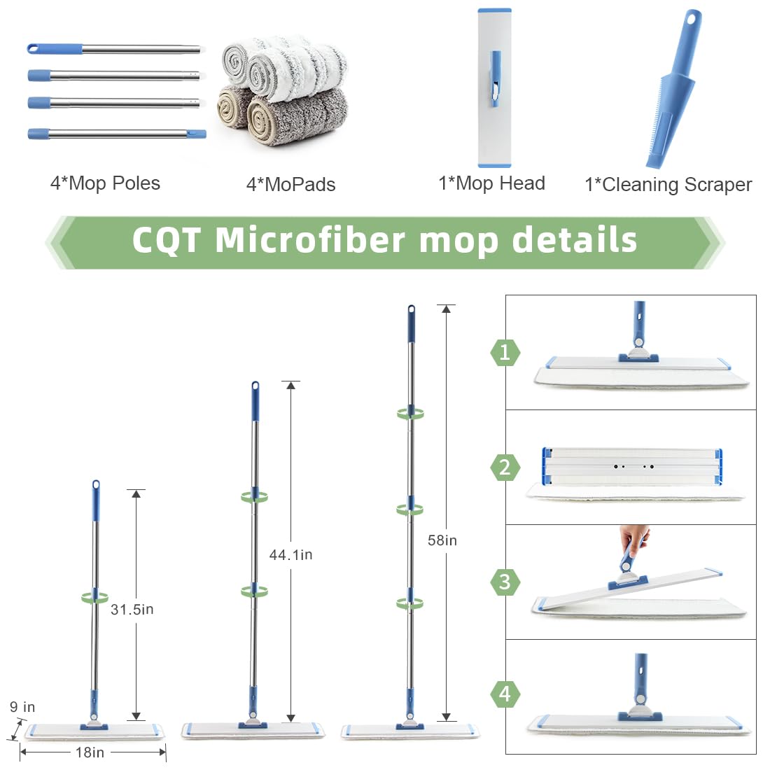 CQT Commercial Flat Microfiber Floor Mop Cleaning System 18" Inch Wet Dry and Dust Hardwood with 4 Washable Pads Cleaner for Laminate Tile Stainless Steel Handle and Extension (PT13-Blue)