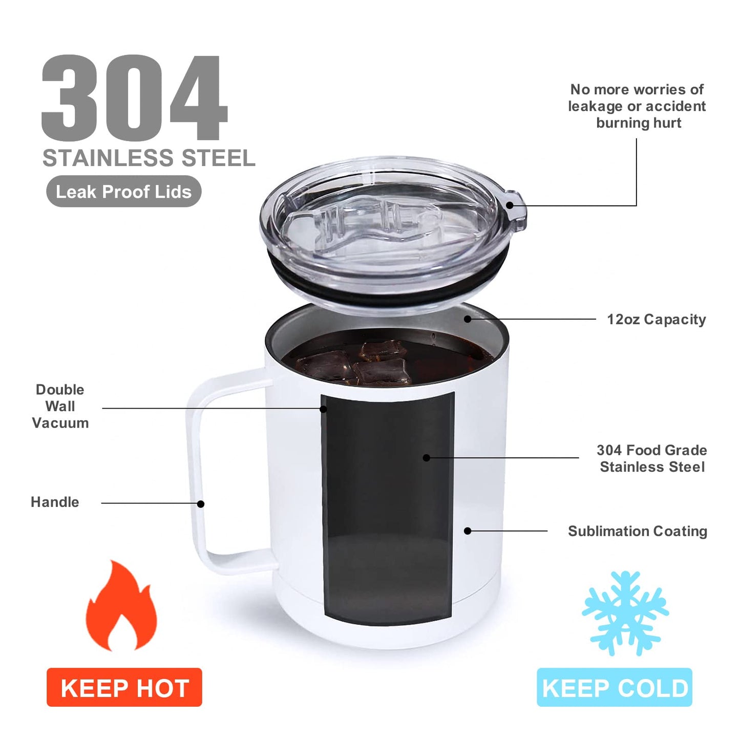 BetterSub Bulk 6 Pack 12oz Sublimation Mug Blanks Stainless Steel Tumblers with Handle & Sliding Lid - Double Wall Vacuum Insulated for Coffee, Fit Cricut Mug Press Machine