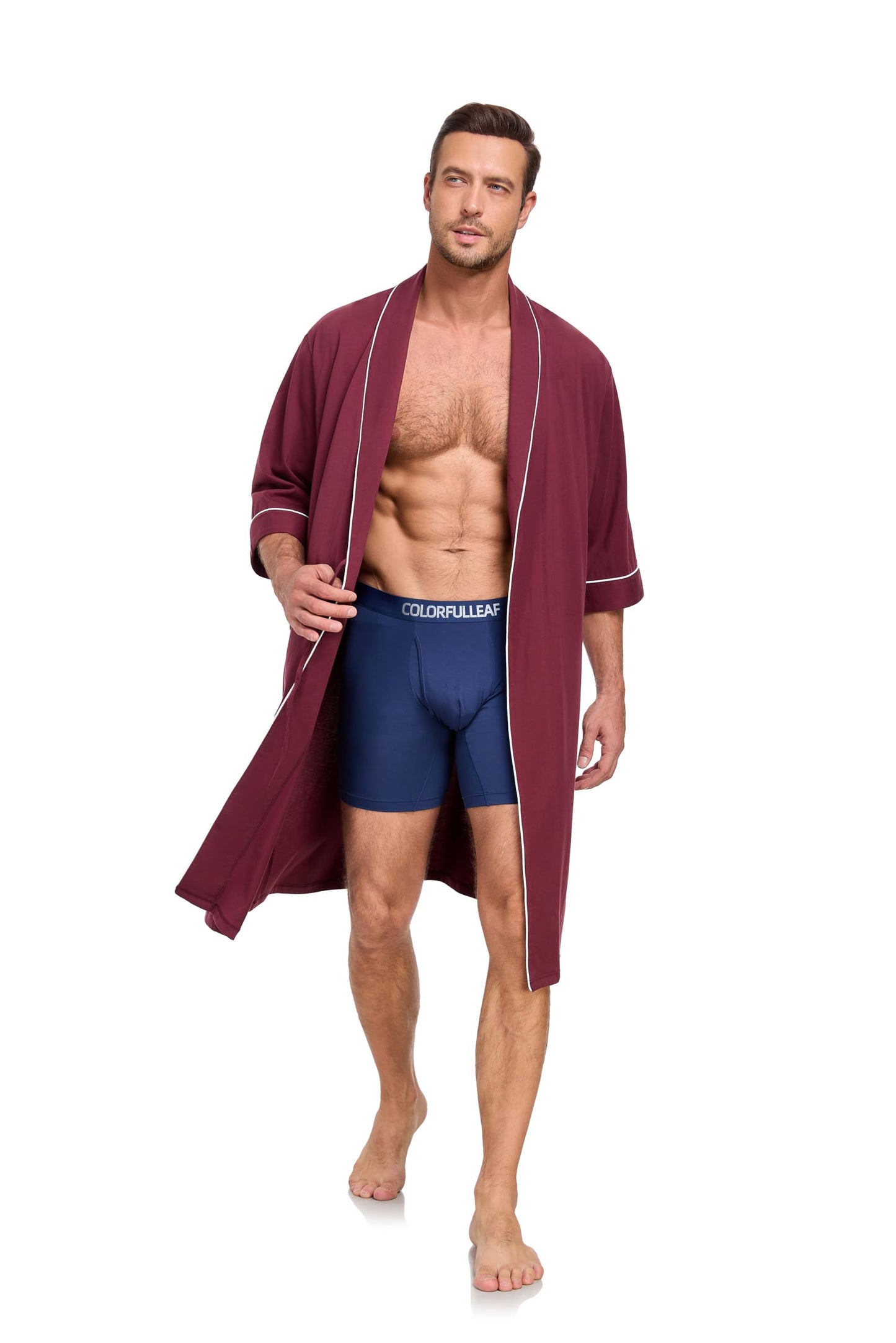 COLORFULLEAF Men's Bathrobes 100% Cotton Soft Comfort Breathable Short Sleeve Summer Kimono Mens Lightweight Robe, Burgundy, Large