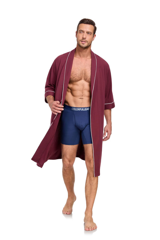COLORFULLEAF Men's Bathrobes 100% Cotton Soft Comfort Breathable Short Sleeve Summer Kimono Mens Lightweight Robe, Burgundy, Large