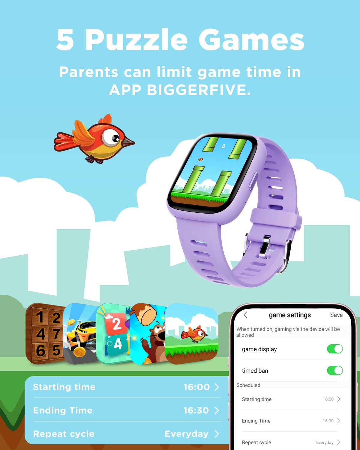 BIGGERFIVE Smart Watch for Kids, 1.8" Fitness Tracker Watch Pedometer, Heart Rate, IP68 Waterproof, Sleep Monitor, Calorie Step Counter, 5 Puzzle Games with/Without APP for Girls Teens 5-16