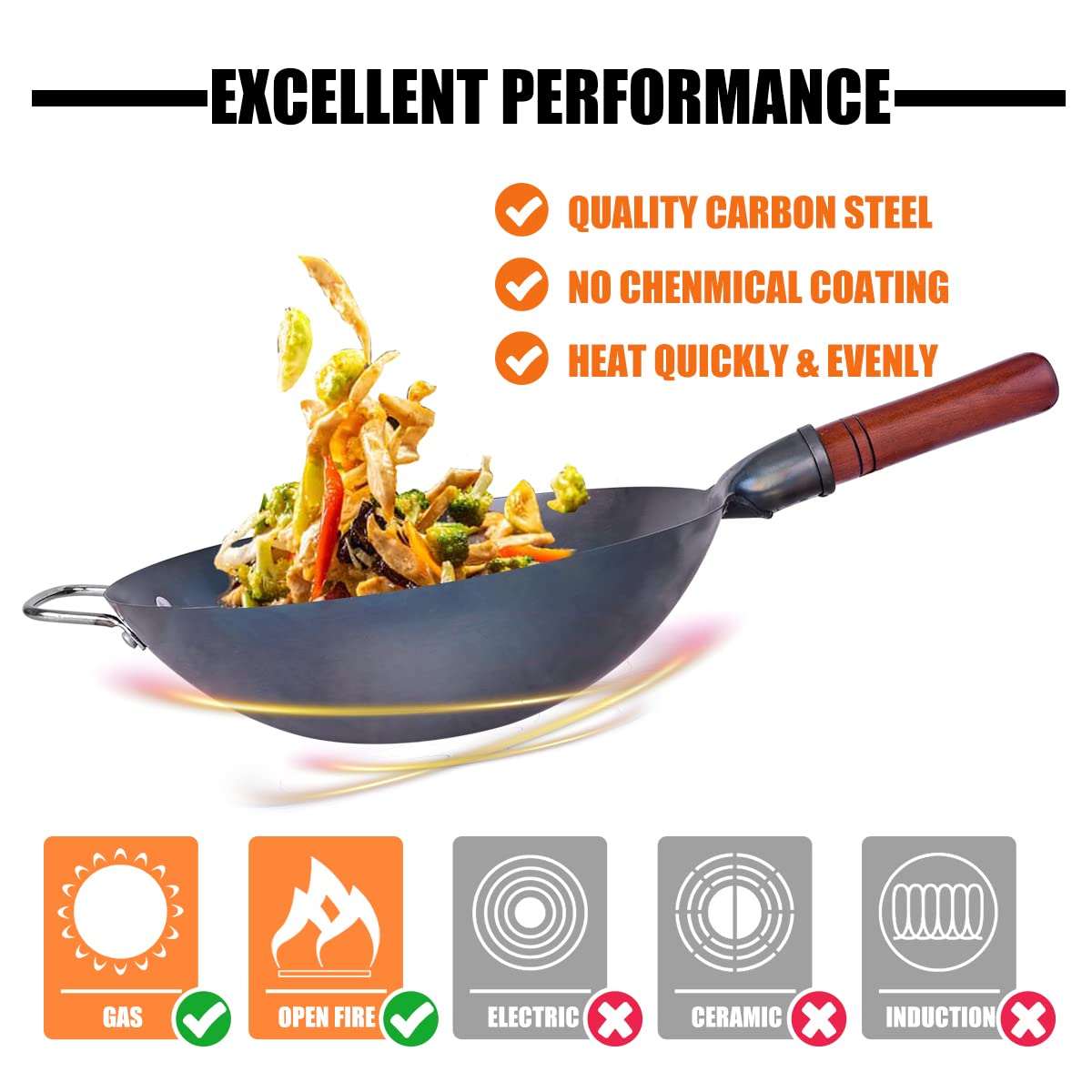 Teewe Carbon Steel Wok - Traditional Hand Hammered 13.4" Round Bottom Wok Pan Set with 8 Pcs Accessories