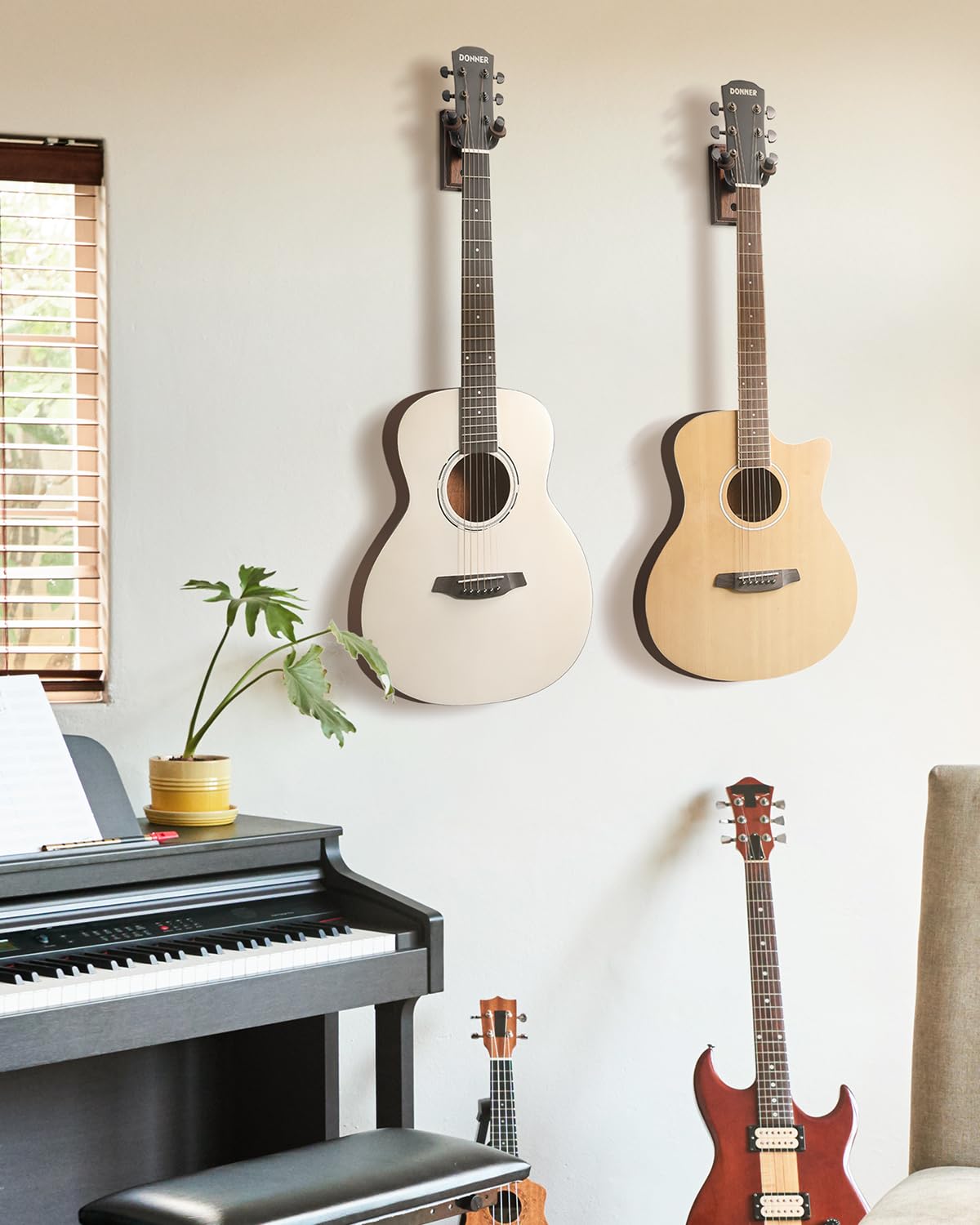 Donner Guitar Wall Mount Hanger 6-Pack, Black Walnut Guitar Wall Holder for Acoustic Electric Guitars, Bass, Ukulele, Violin, Mandolin, Banjo and String Instruments