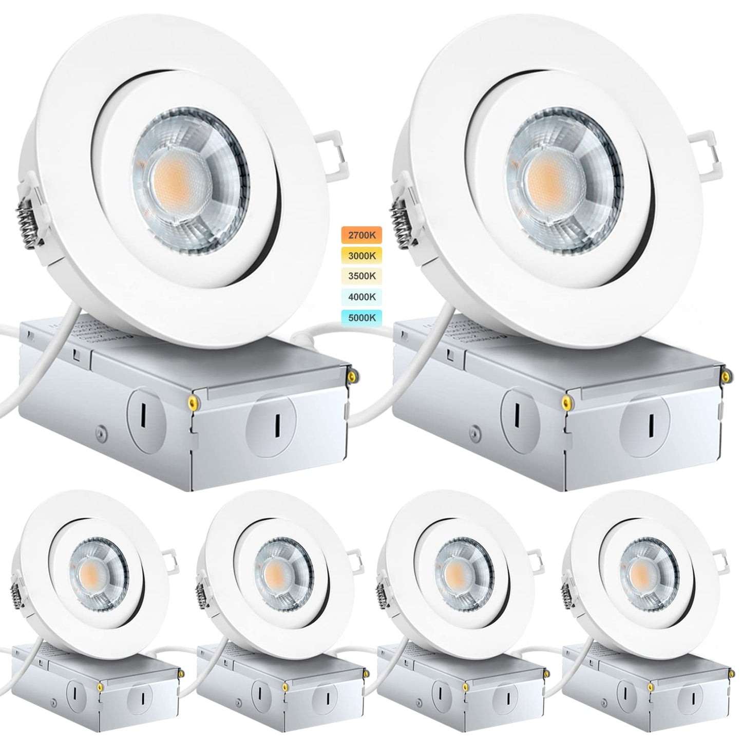 KnLnny Ware Gimbal Recessed Lighting 4 Pack, Ajustable Gimbal Recessed Ceiling Light with Junction Box,5 CCT(2700K-6500K) Selectable,9W 750LM,Dimmable,Airtight, ETL Listed