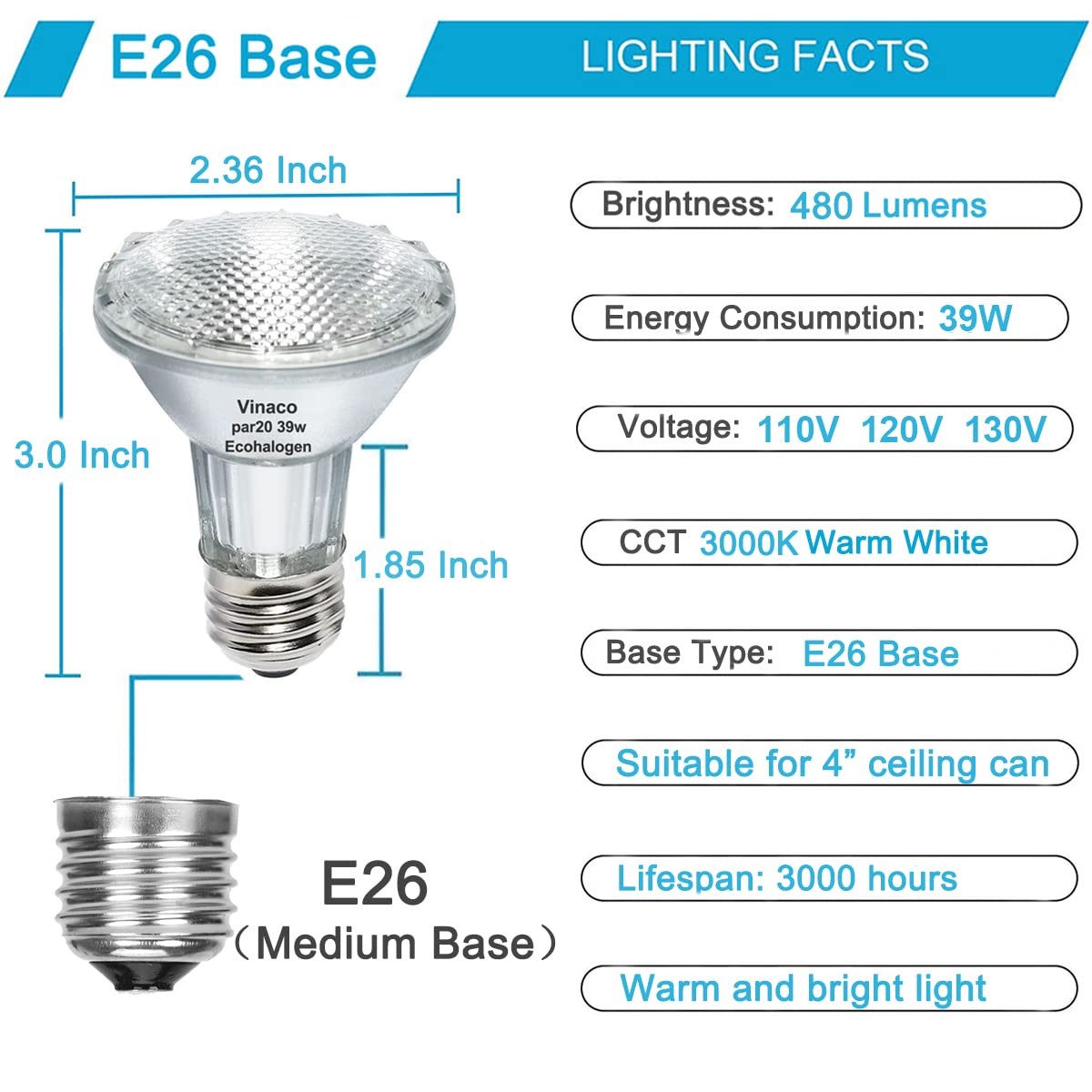 Vinaco Par20 Flood 39W 120V 480 Lumens, 6 Pack Long Lasting Par20 39w Dimmable, par20 Warm White 3000K, Par20 Flood Light Bulbs E26 Base for Track and Recessed Lighting