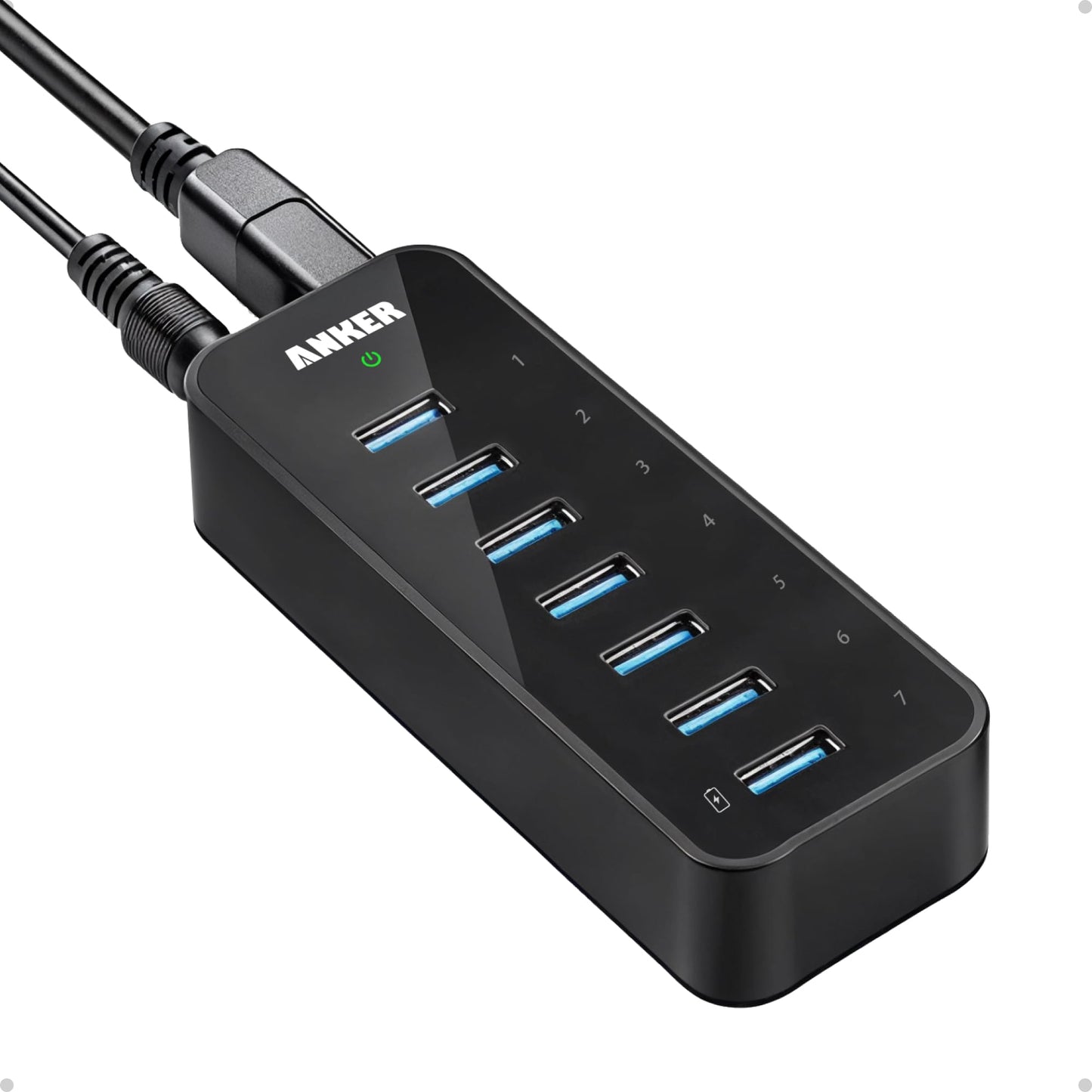 Anker USB 3.0 7-Port Hub with 1 BC 1.2 Charging Port up to 5V 1.5A, 12V 3A Power Adapter Included [VIA VL812-B2 Chipset] Black