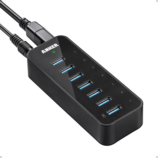 Anker USB 3.0 7-Port Hub with 1 BC 1.2 Charging Port up to 5V 1.5A, 12V 3A Power Adapter Included [VIA VL812-B2 Chipset] Black