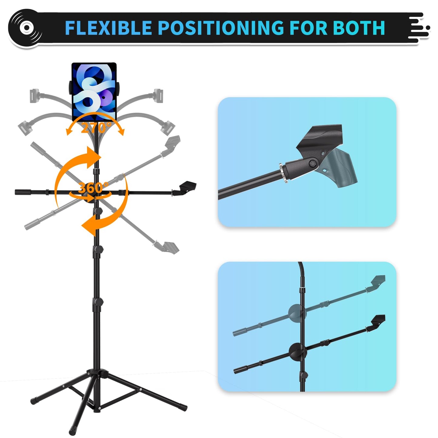 K KASONIC Professional Microphone Stand, 6-in-1 Gooseneck Mic Stand with Tablet/Phone Holder, Tripod Boom Arm for Floor, Adjustable Height and Angle, DJ Mic Stand with Carrying Bag and Clamps