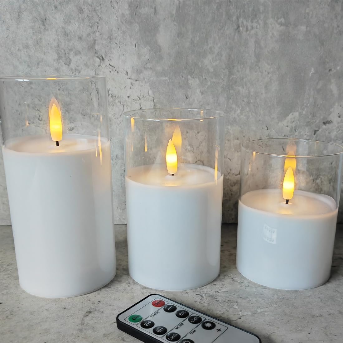 Set of 3 Clear Glass Flameless Candles Flickering with Remote, Battery Operated LED Pillar Candles for Home Decor & Weddings (D3in H4in 5in 6in)