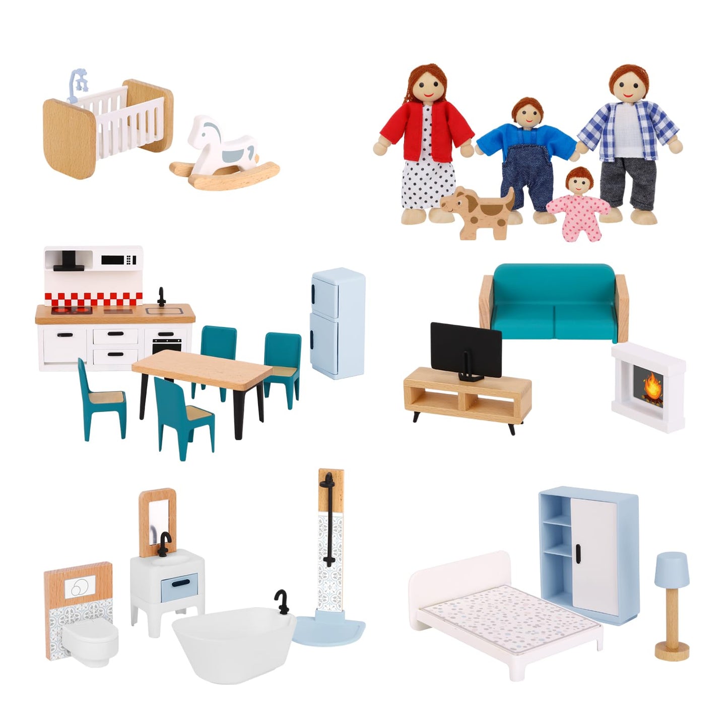 OOOK Wooden Dollhouse Furniture Set for Kids, 26 Pcs Dollhouse Accessories with 4 Family Dolls and Dog, Miniature Doll House Furniture Toys Pretend Play Gift for Girls Boys Age 3+