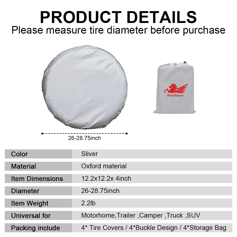 WinPower RV Tire Covers Set of 4, Oxford Waterproof Dust Sun Protector Wheel Cover Universal for Motorhome Trailer Camper Truck SUV, Fit Tire Diameter 26-28.75 Inch
