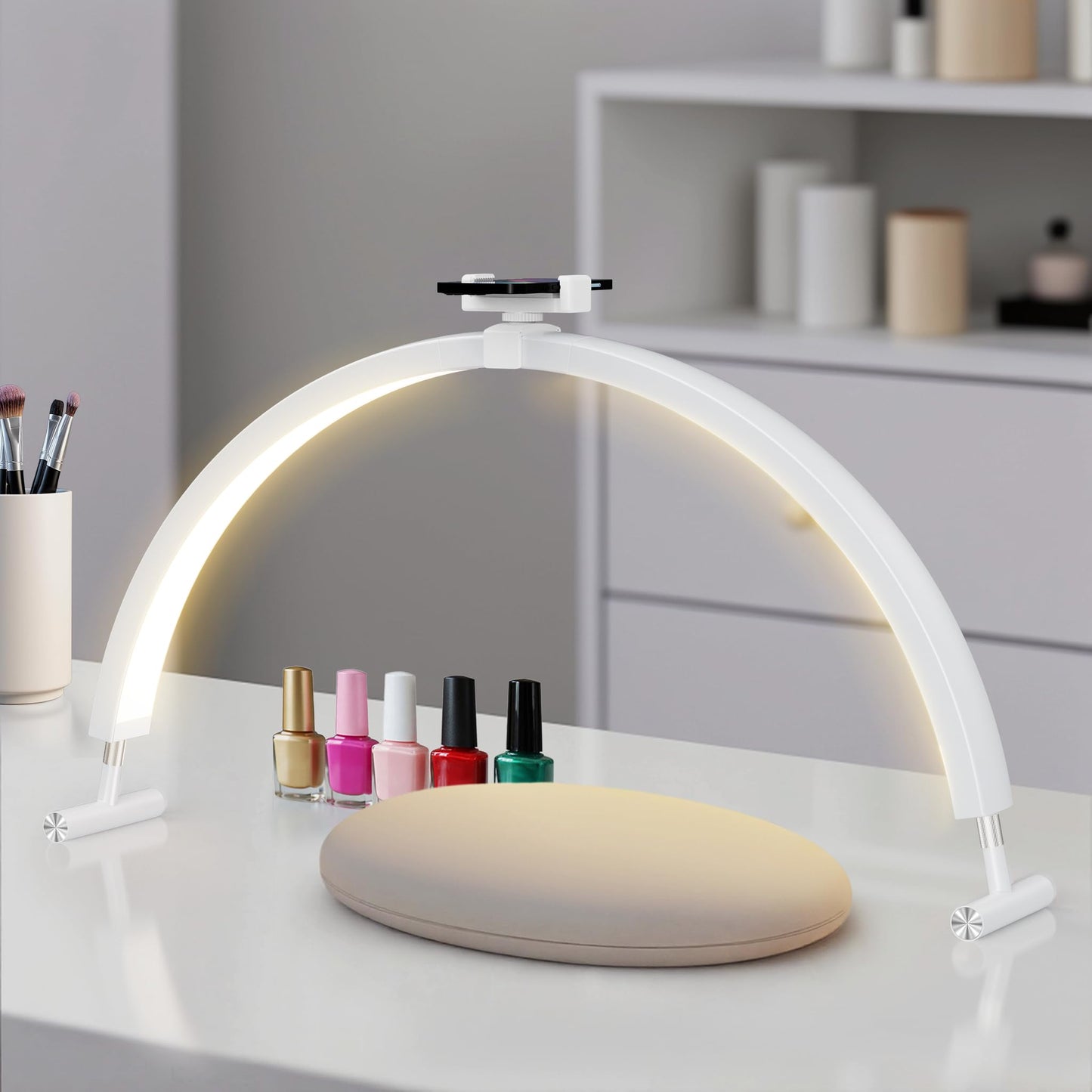 Mznoo Nail Light for Desk, 30in Large Half Moon Light with Phone Holder, 4000 Lumen Bright LED Moon Lamp for Nail Techs, Manicure and Handicraft, Adjustable Color Modes and Brightness (White)