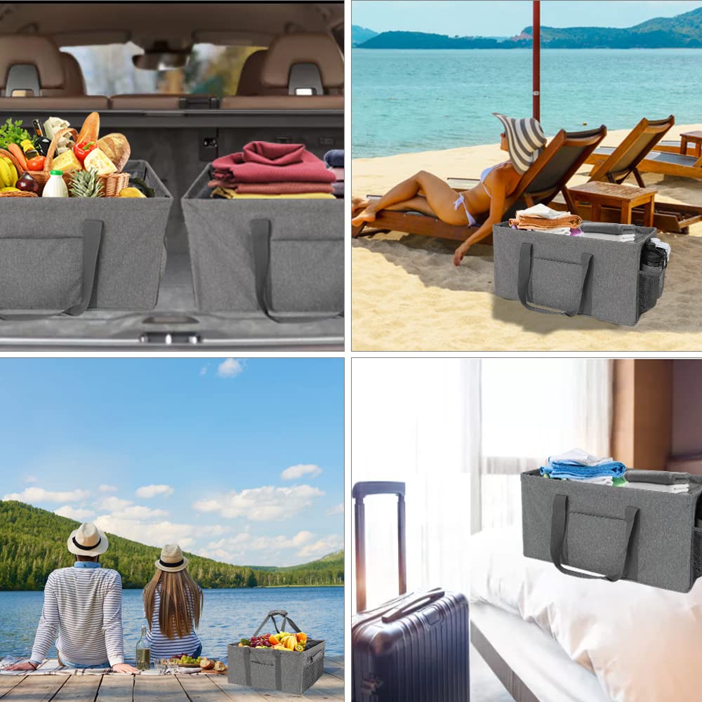Vomgomfom 50L Extra Large Utility Tote Bag for Men Women, Resuable Grocery Bag with Collapsible Steel Wire Frame, Pool Beach Basket for Shopping, Beach, Picnic, Laundry (Gray)