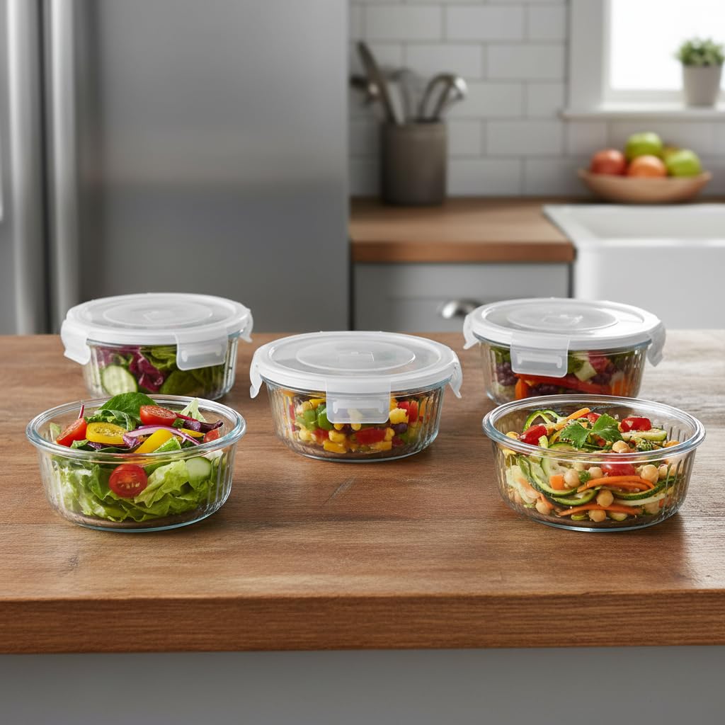 H.JSS WDJS 370ml Round Glass Food Storage Containers Airtight Lids, Small Round Glass Containers for Food Storage, Leak-proof, BPA free Meal Prep Bowls, Dishwasher, Microwave, Freezer Safe (4Pack)