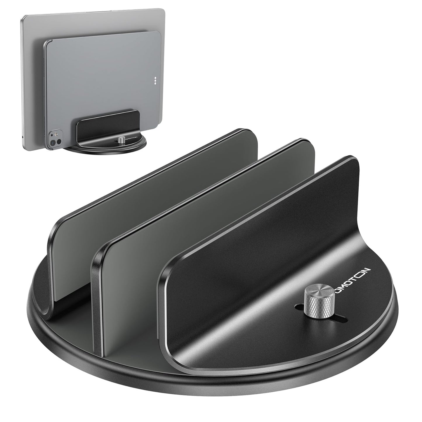 OMOTON 360° Rotating Vertical Laptop Stand Holder, Aluminum Dual-Slot Desk Organizer for MacBook & iPad, Sides Knob Adjustment (No Lost Screws), Holds Laptop, Tablet, Book & Keyboard, Fits up to 17.3"