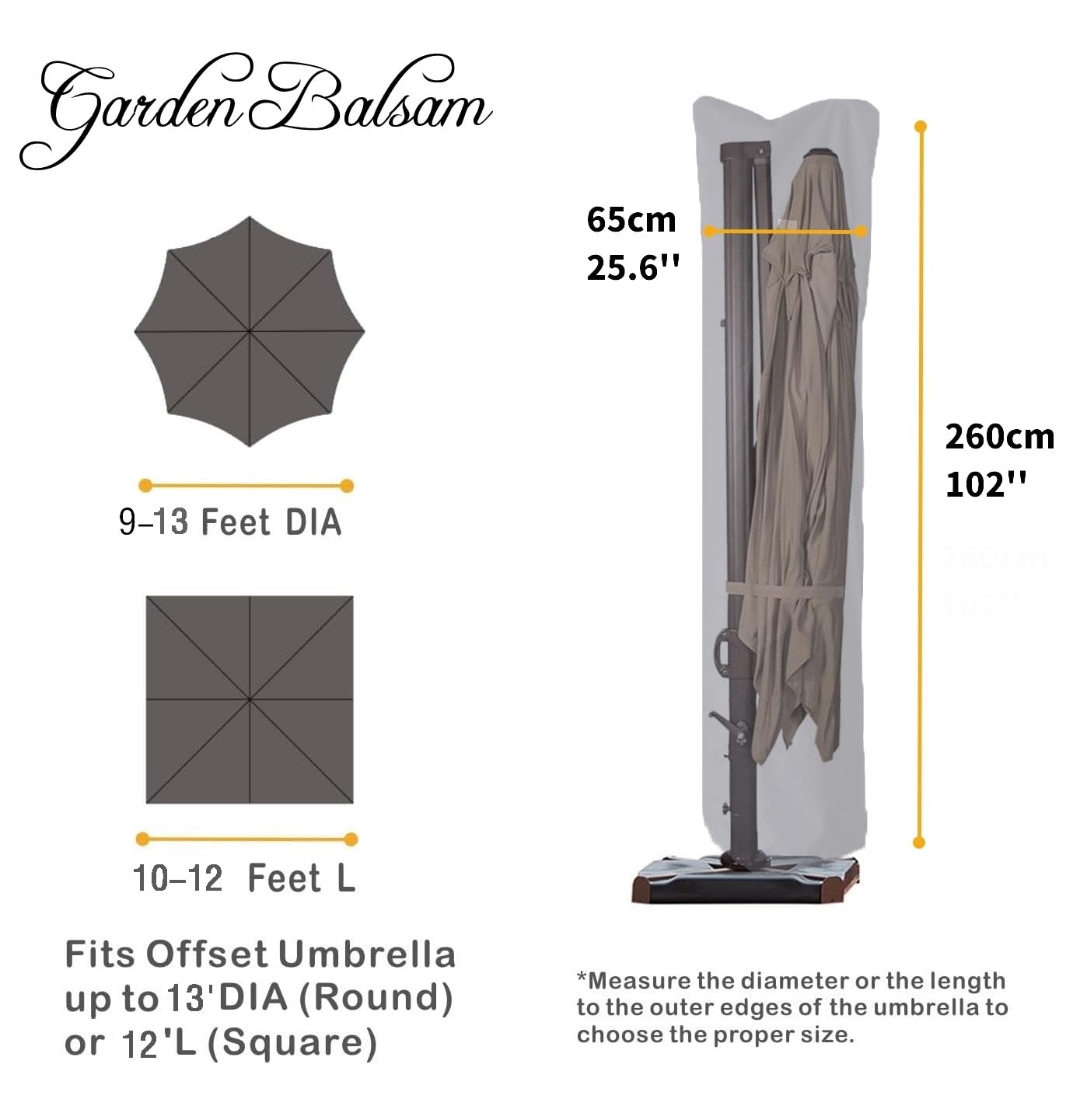 Garden Balsam Patio Umbrella Cover for 9ft to 13ft Offset Umbrella, Fade Resistant, Water Resistant, Curved Cantilever and Straight Pole Parasol Outdoor Umbrellas Cover with Zipper and Rod Dark Grey