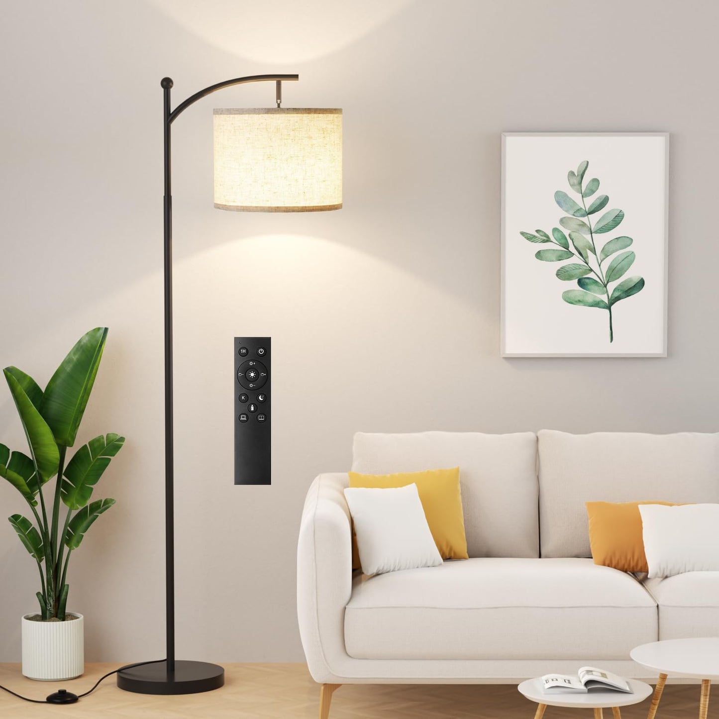 Ambimall Floor Lamp with Remote Control and Stepless Dimmable Bulb, Colors Temperature & Brightness Adjustable, Modern Floor Lamps for Living Room（Beige Shade & Black Pole）