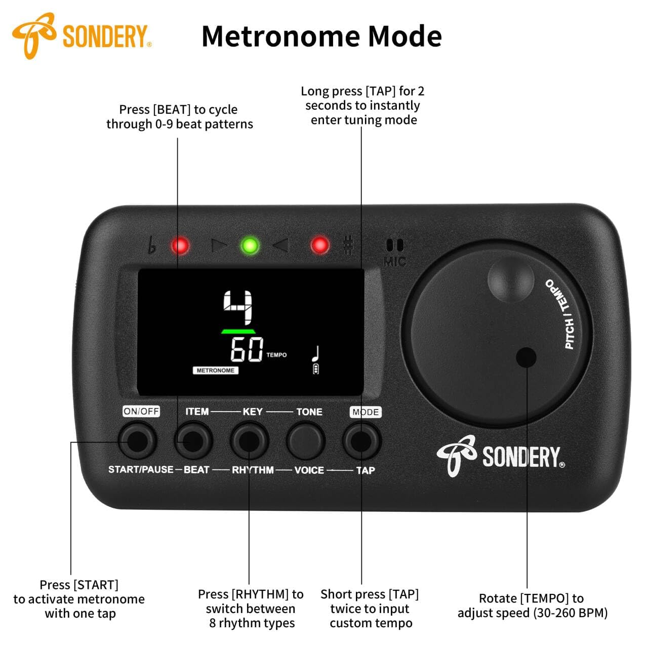 Sondery Digital Metronome Tuner 3 in 1 for All Instruments，Rechargeable Metronome with Tap Tempo, Chromatic Tuner Tone Generator for Guitar, Bass, Violin, Clarinet, Piano, Trumpet, Flute