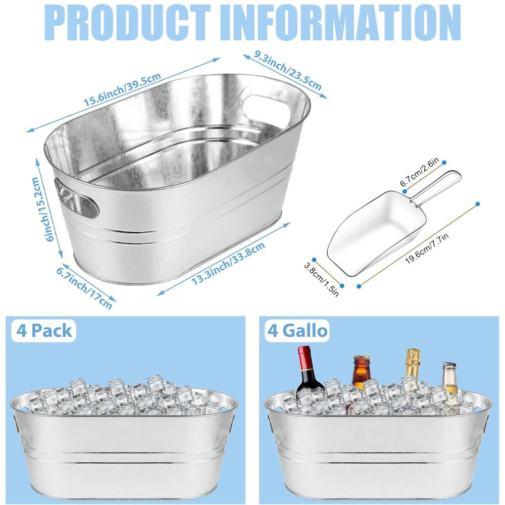 4 Pack Galvanized Tub Beverage Tubs, 4 Gallon Large Ice Buckets with Carry Beer Drink Storage Cooler Metal Beverage Ice Tub, for Parties and Cocktail Bar Mimosa Bsupplies