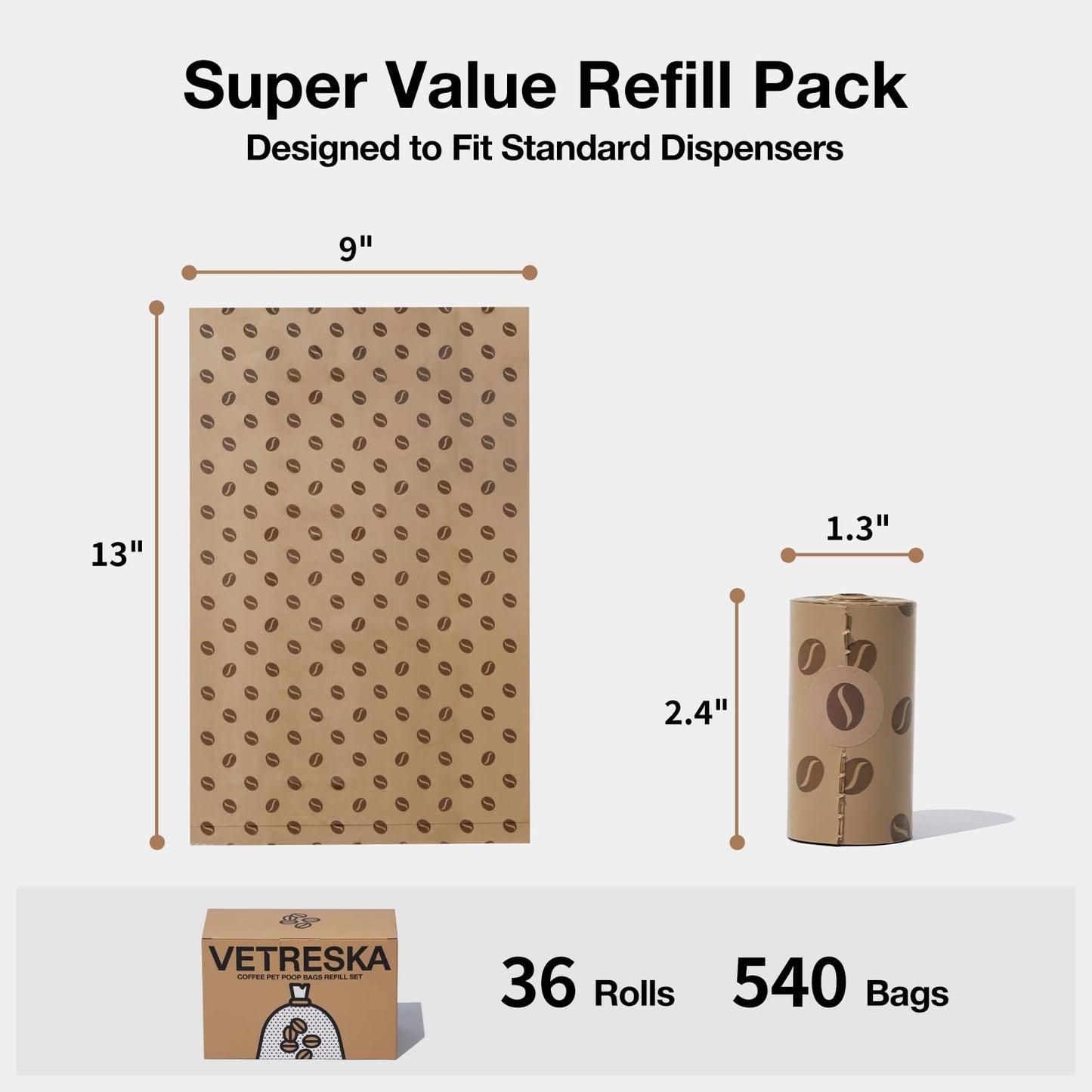 VETRESKA Dog Poop Bags, 540 Count Coffee Scented Waste Bags, Leak Proof, Extra Thick, Large Dog Pet Bags for Dogs and Cats -(36 Rolls)