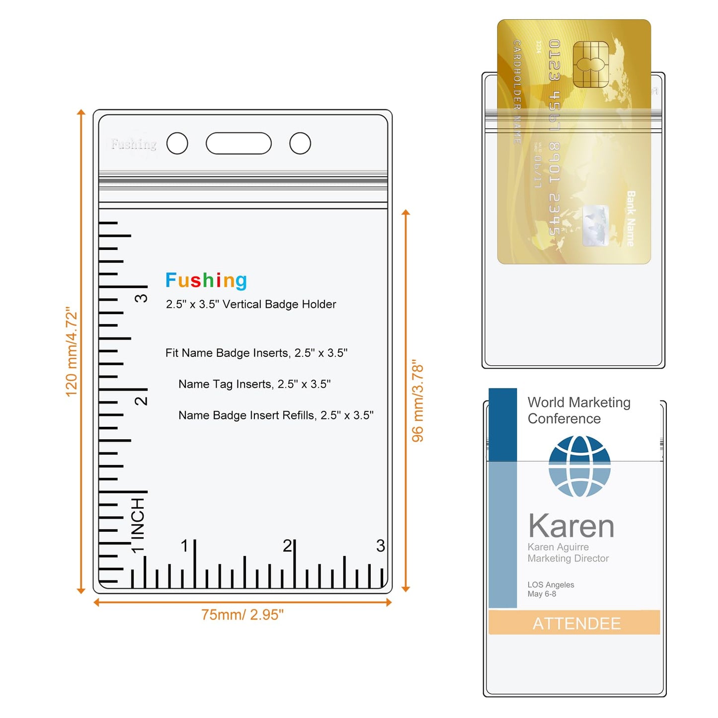 Fushing 50Pcs Extra Thick ID Badge Holders, Exclusive Double-Deck Clear Plastic Vertical Name Tag Badge ID Card Holders, Single Layer Thickness 0.4mm Thicker 60% Than Standard 0.25mm