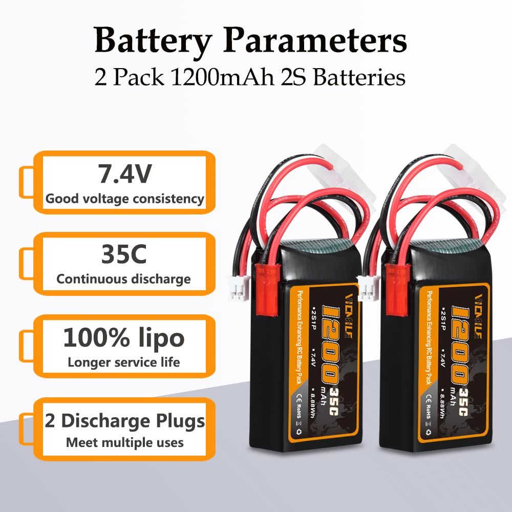 VICMILE 7.4V 1200mAh Lipo Battery 2S 35C SCX24 Lipo Batteries with PH2.0&JST Plug Rechargeable Lithium Battery with 2 in 1 USB Charger Fit for Most 1/10 1/16 1/18 1/24 RC Cars