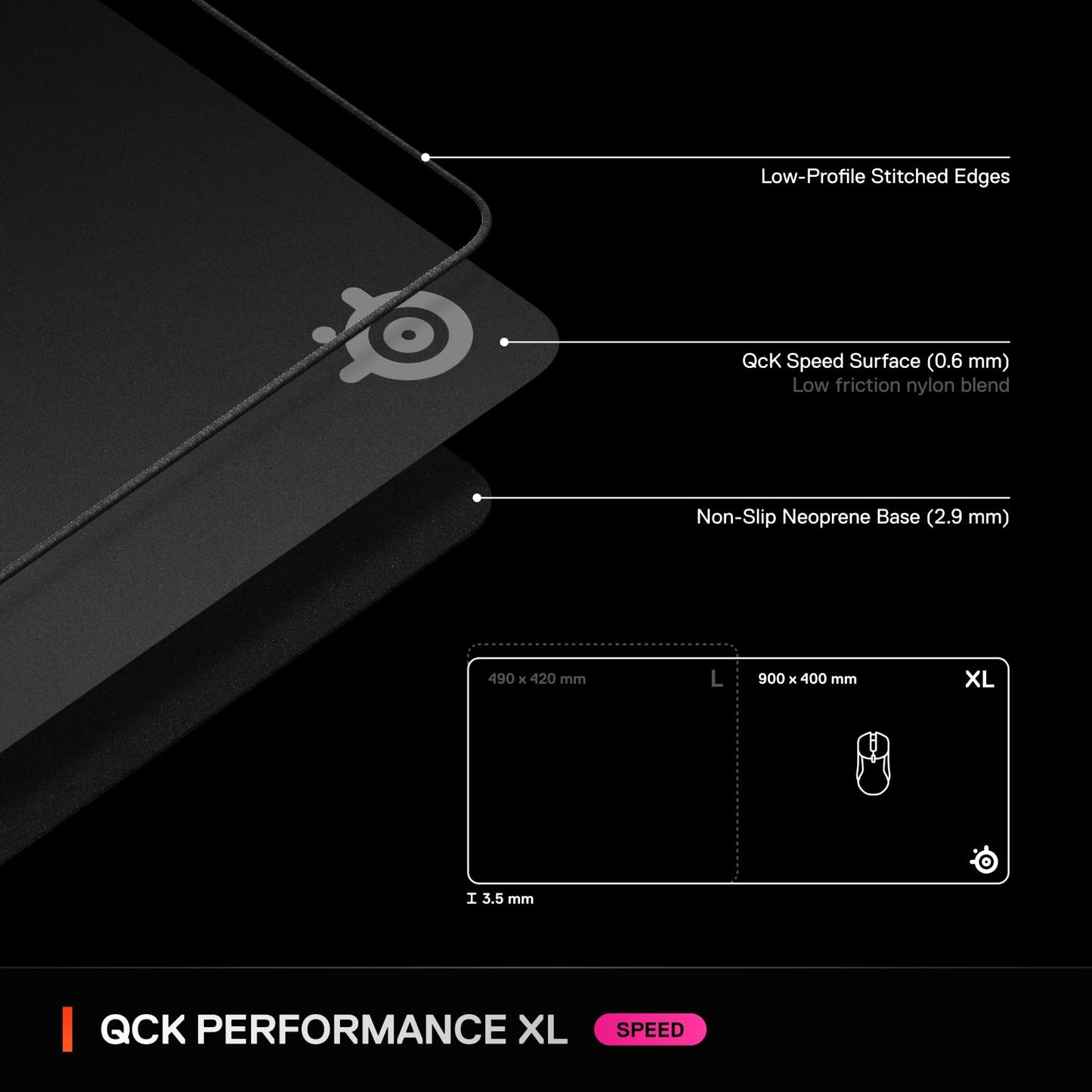 SteelSeries QcK XL Performance Speed Gaming Mousepad — Extra Density for a Smooth Glide — Low-Profile Edge Stitching — Non-Slip Neoprene Rubber Base — 15.75 x 34.43 inch — FPS, MOBAs, RTS, MMO