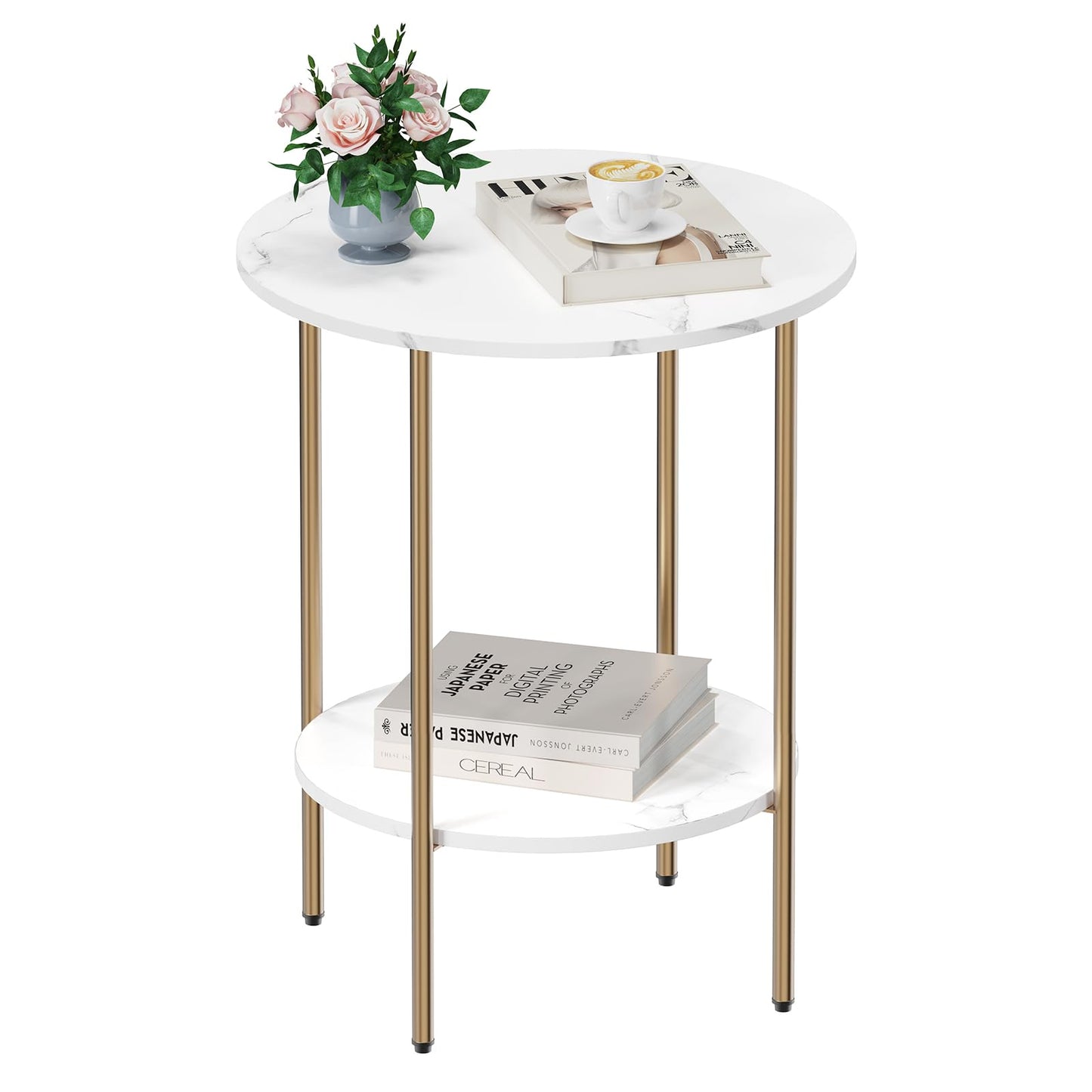 CAMOAT Side Table,Round End Table with 2 Storage Shelves| Compact Side Tables for Living Room, Couch, Office & Bedroom | Narrow Accent Table as Space-Saving Small Bedside Table (Marble White)