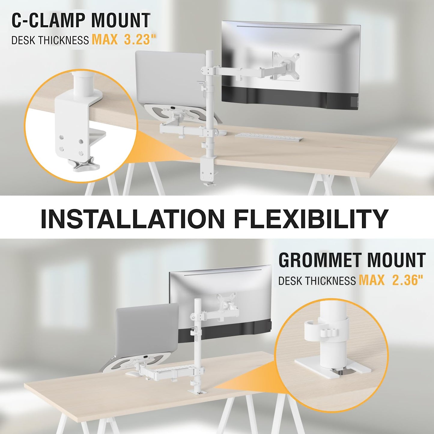 SHOPPINGALL Fully Adjustable Dual Monitor & Laptop Mount Stand Notebook Desk Mount with Tray with 2 Swing Arms for Monitors up to 32" Laptops up to 17", with Clamp and Grommet Mounting - SA-LH07-White