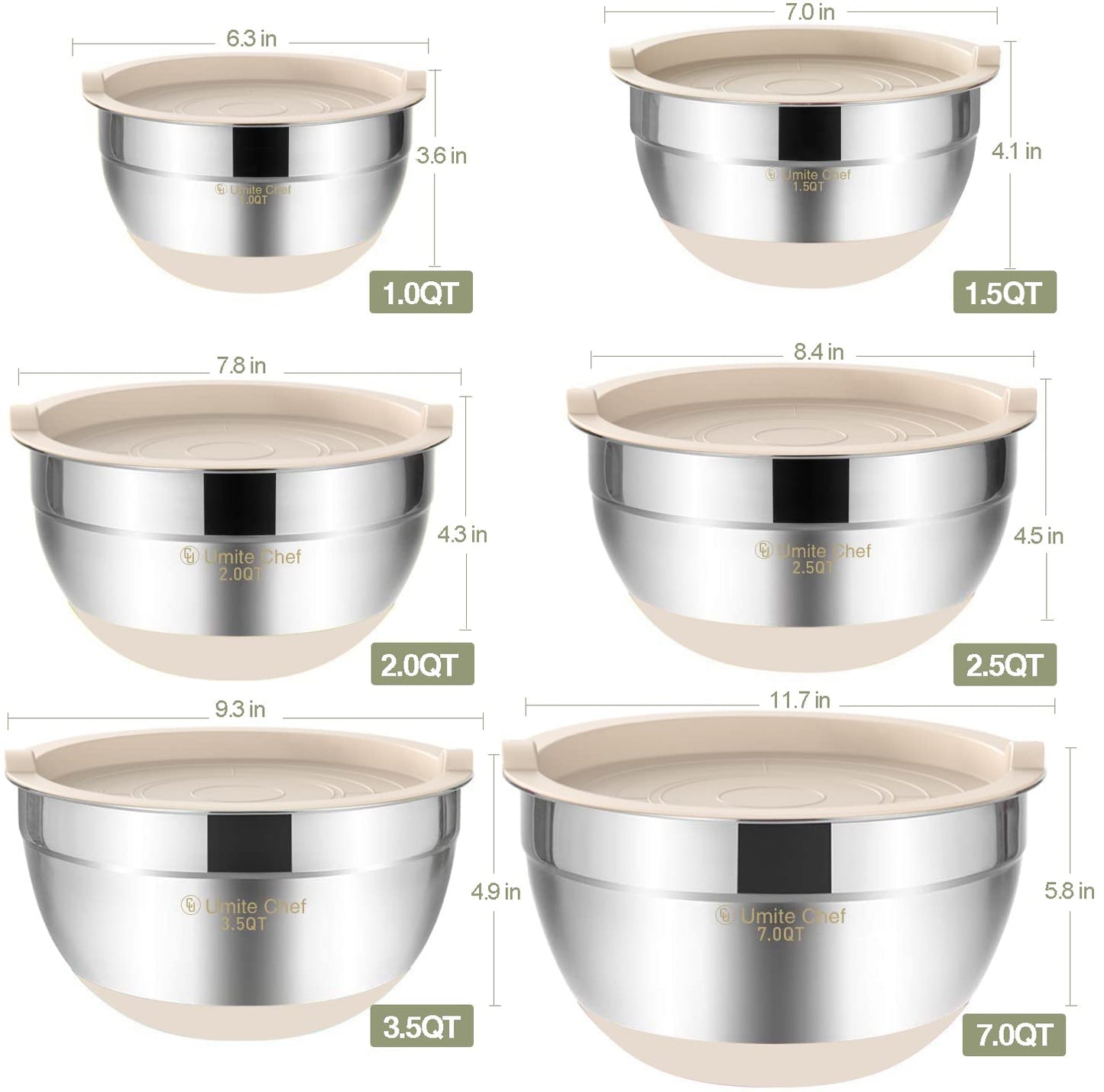 Umite Chef Mixing Bowls with Airtight Lids 6 Piece Stainless Steel Metal Nesting Storage Bowls, Non-Slip Bottoms Size 7, 3.5, 2.5, 2.0,1.5, 1QT, Great for Mixing & Serving (Khaki}