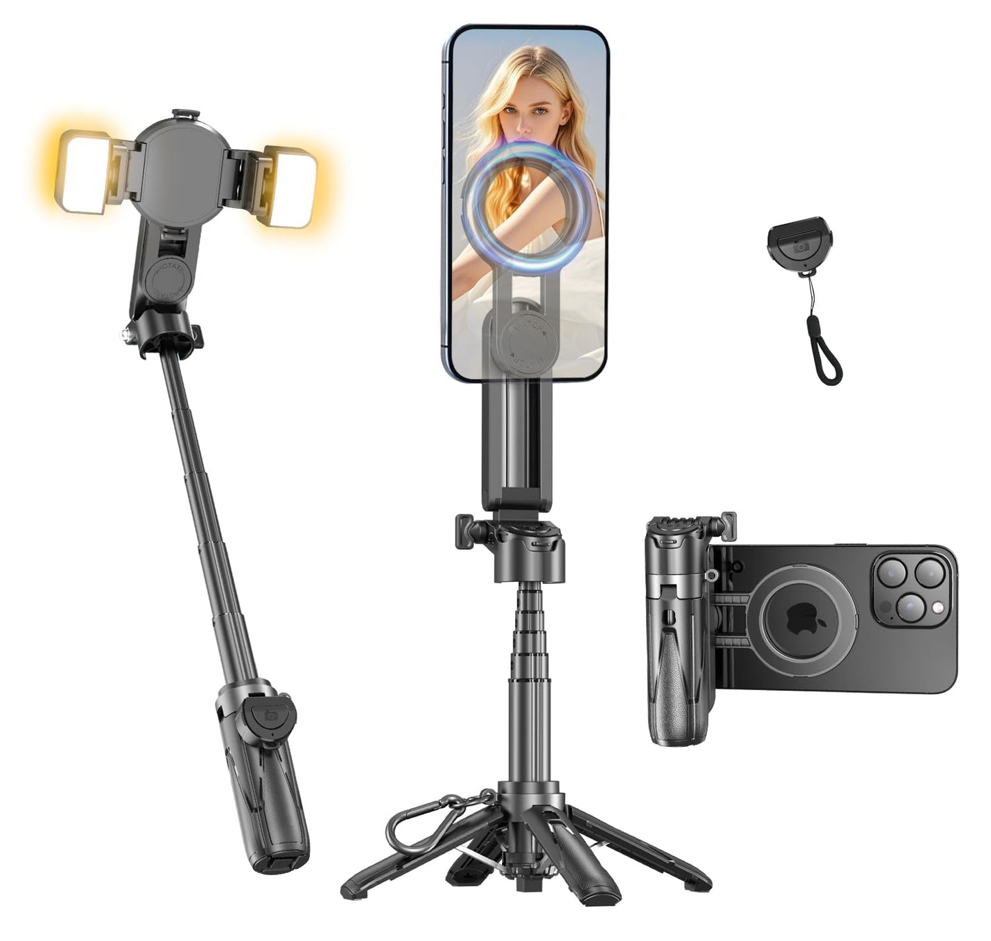 yAyusi Magnetic Mini Phone Selfie Stick，Small Portable Travel Tripod Stand for iPhone, Magnetic Chuck ＆ Clip 2 in 1, with Detachable Remote & 2 Fill Light for Photograph/Live Streaming/Video Recording