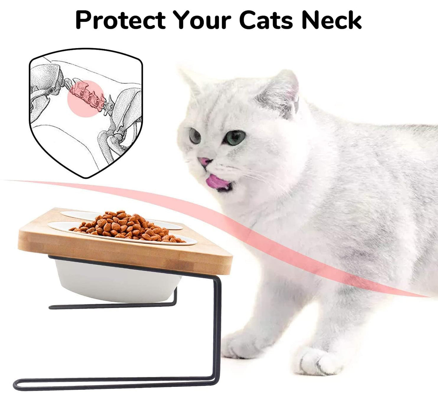 FUKUMARU Elevated Cat Ceramic Bowls, Small Dog 15° Tilted Raised Food Feeding Dishes, Solid Bamboo Water Stand Feeder Set for Cats and Puppy