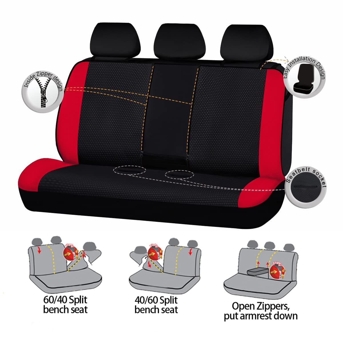 Flying Banner Rear Bench car seat Covers car seat Protectors Split 40/60 50/50 60/40 (Rear Bench-Neoprene, Red) (FB-072)