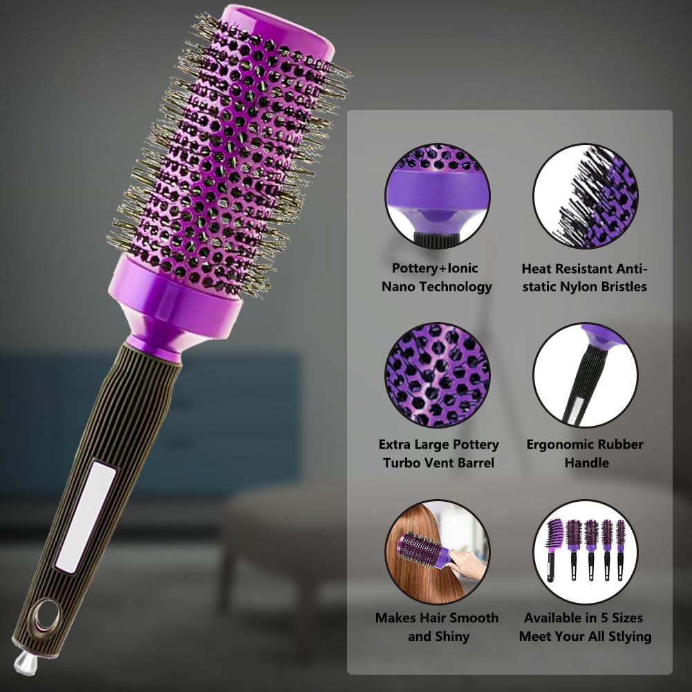 5pcs Round Brush for Blow Out styling loose curls and waves at home or salon professional styling hair brush set women Heat Resistant Ceramic Nylon Bristles round brushes offers even heat styling