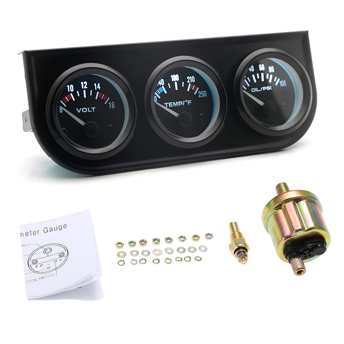 Shkalacar Triple Gauge kit Volt Meter Water Oil Press Pressure Gauge Temp Temperature Gauge 3 in 1 Kit Car Meter Auto Gauge, 52MM Voltmeter Chrome