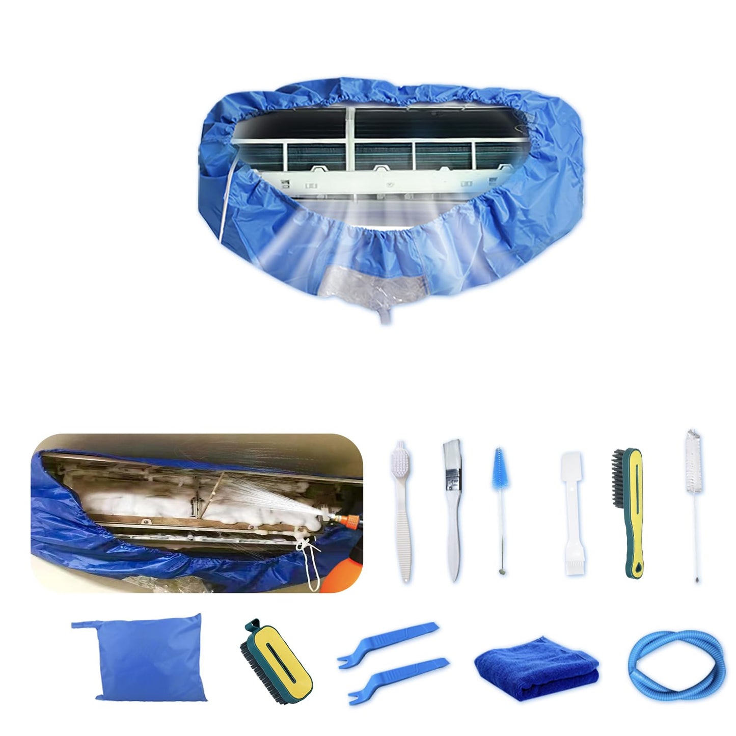 Kikepilm Heat Pump Cleaning Kit，Wall Mini Split Heat Pump Cleaner, Wall Mini Split Ac Conditioner Cleaning Kit(13pcs，Sky Blue，Large)