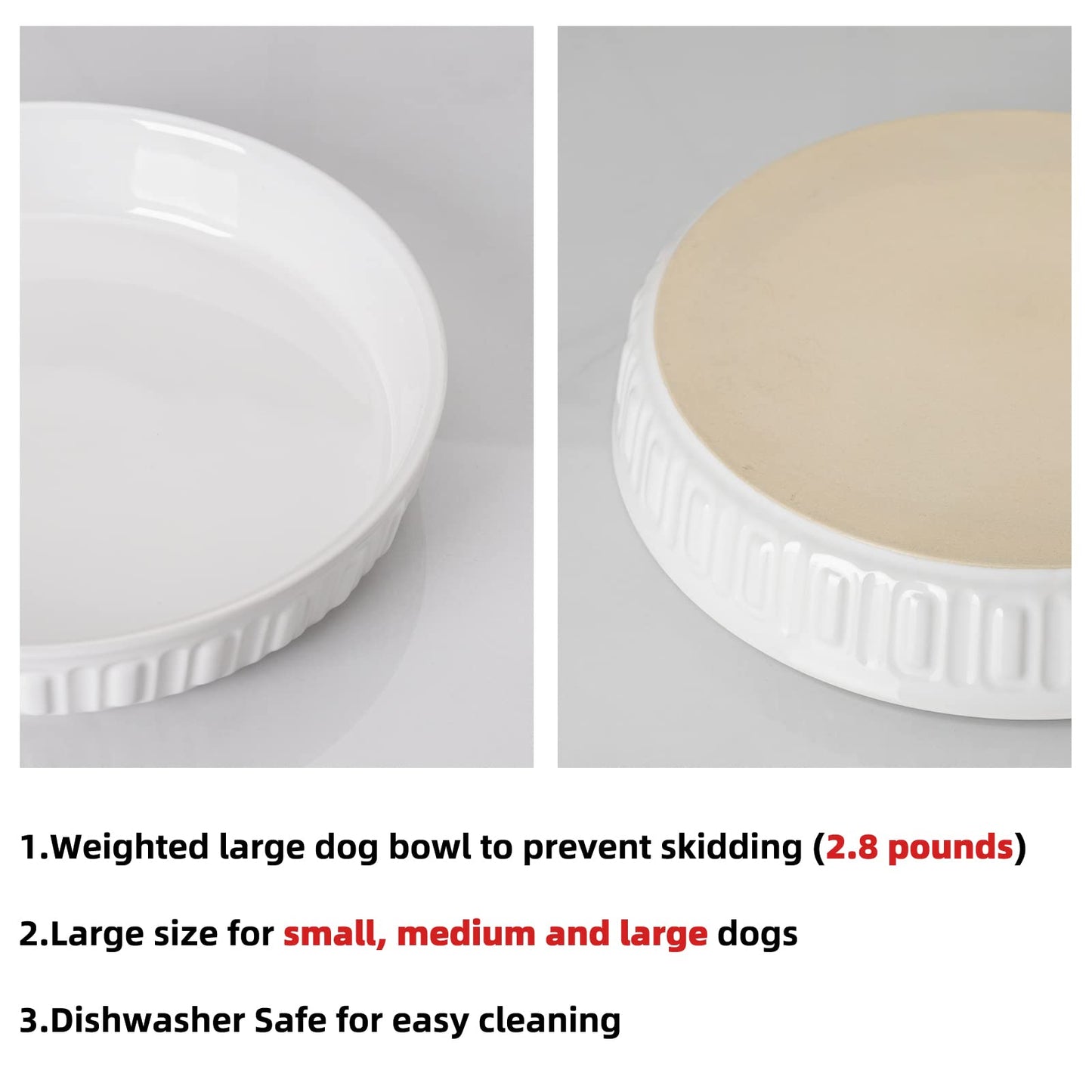 Fun Elements Shallow Dog Bowls, 10.5" Ceramic Large Food Plate for Small, Medium and Large Breeds, Non-Slip, Flat and Wide, Dishwasher Safe, Suitable for Dogs and Cats (White)