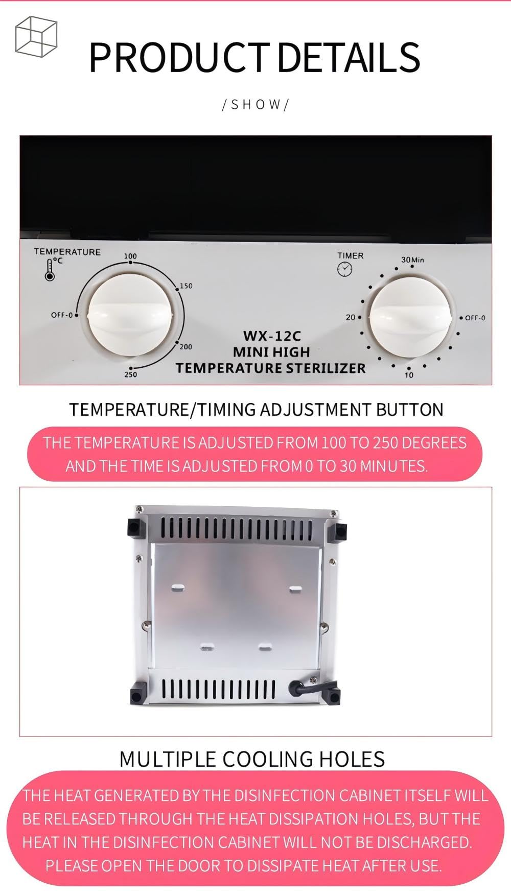 Sterilizer for Nail Tools, 12L Multifunctional High Temperature Cleaning Dry Box Stainless Steel with Temp Control, Timer, 2 Stainless Trays, Tweezer Sterilizer, Nail Salon Equipment