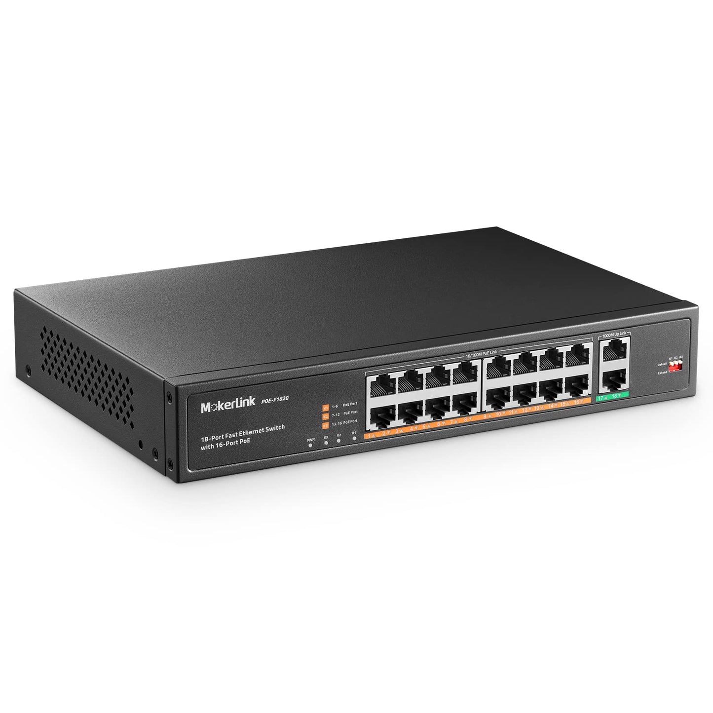 MokerLink 16 Port PoE Switch with 2 Gigabit Uplink Port, 250W High Power, Support IEEE802.3af/at, Rackmount Unmanaged Plug and Play