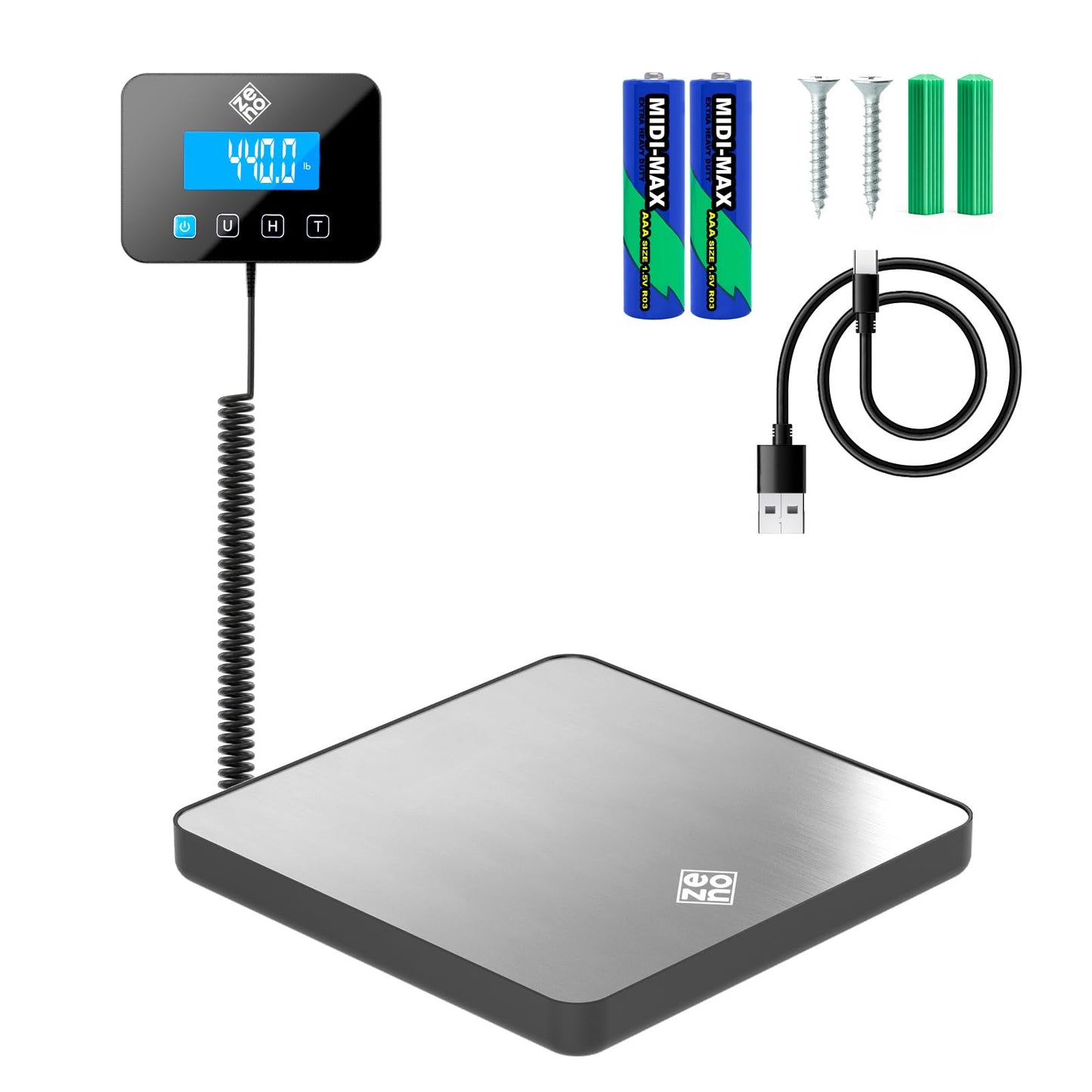 Shipping Scale - 440 lbs/0.35oz - High Accurate Digital Postal Scale with Hold/Tare Function - Perfect for Packages, Luggage, Suitcase, Home Use - Battery & Cable Included - Silver