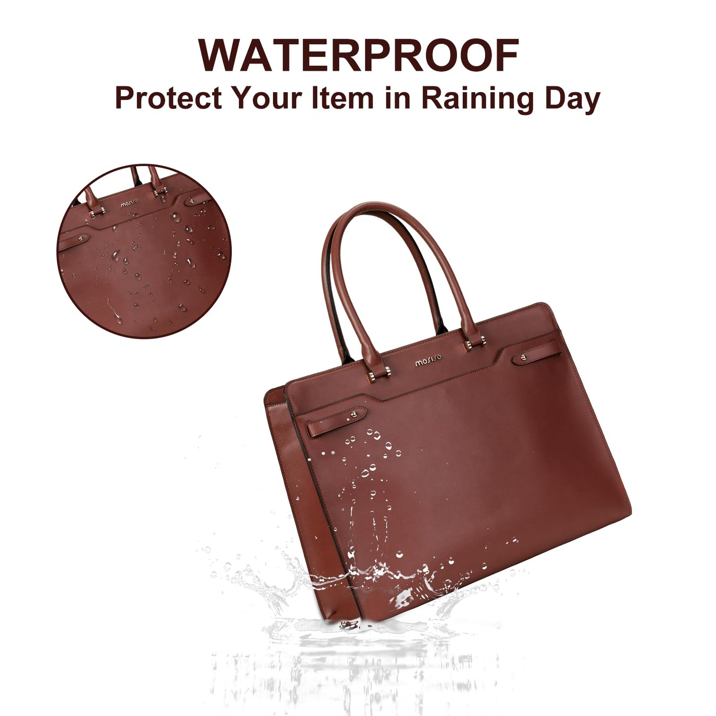 MOSISO Laptop Bag for Women, 15.6 inch Laptop Tote Bag, Waterproof Leather Front Magnetic Clasp Pocket Work Bag, Large Capacity Computer Briefcase Shoulder Bag for Teacher Office Travel, Brown