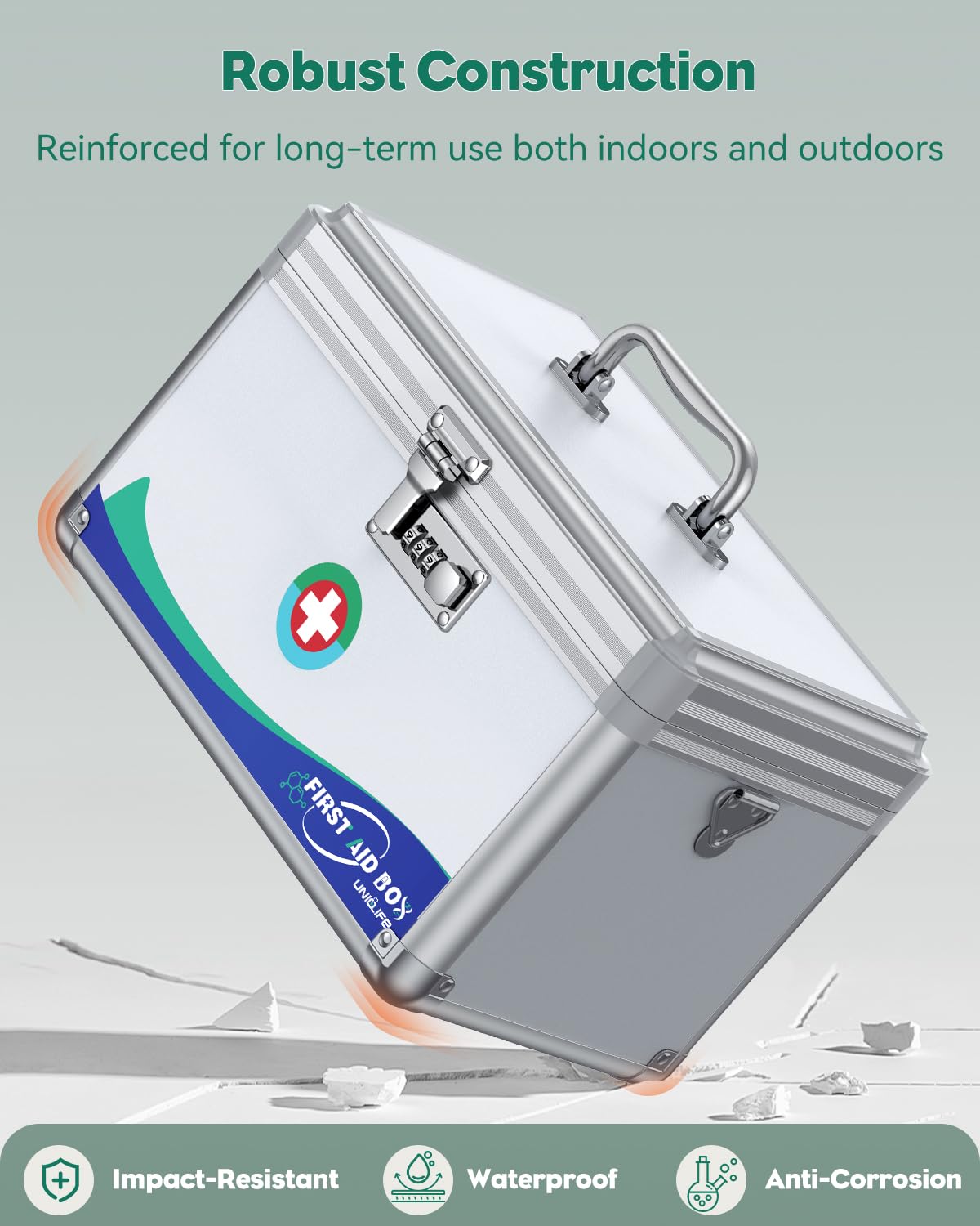 Uniclife Medicine Lock Box First Aid Box with Combination Lock, Handle & Shoulder Strap, Portable Medication Lock Box, 12" x 7" x 7.5" Silver Aluminum Alloy Storage Box