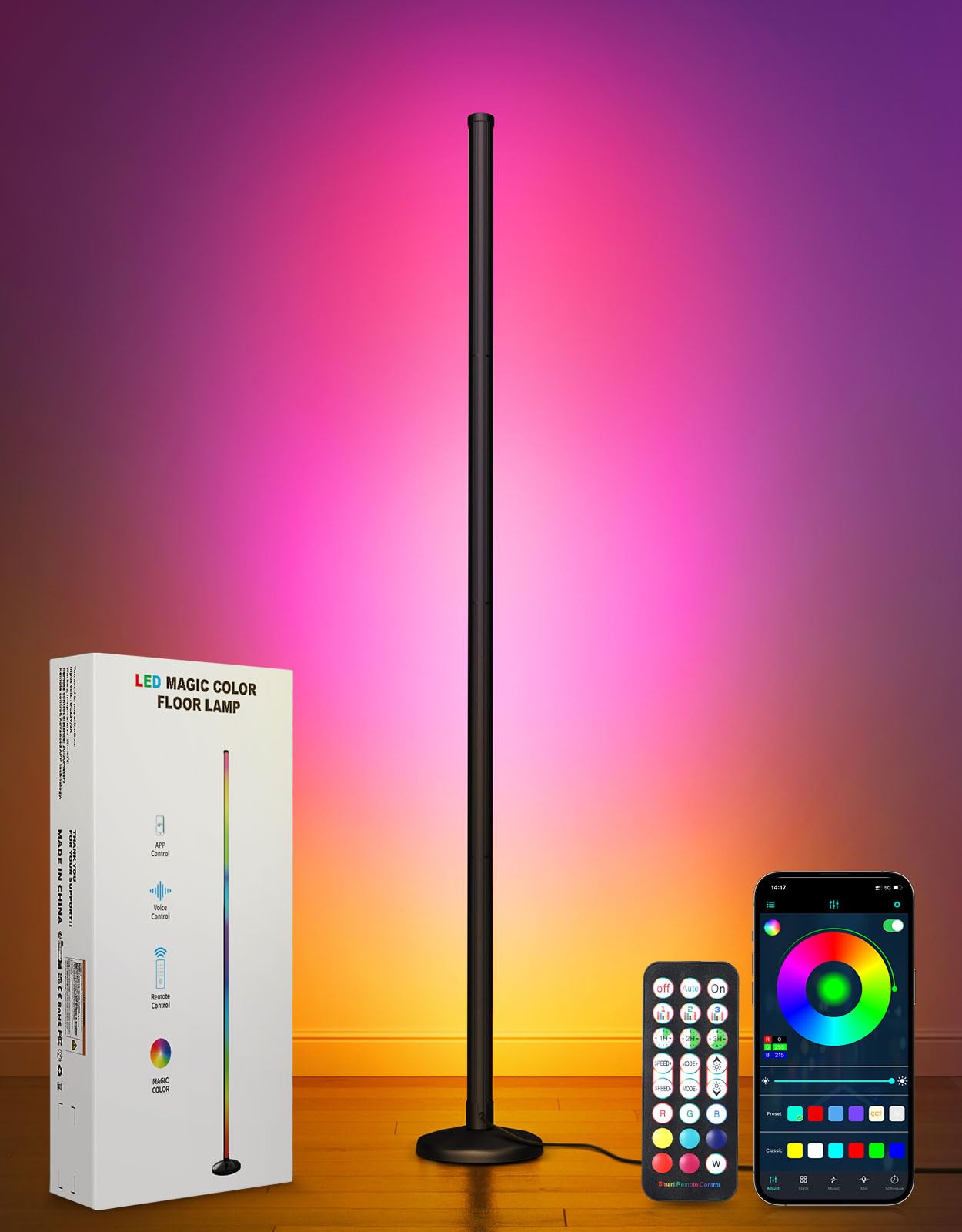OUTON LED Floor Lamp, 24W RGBCW Corner Lamp with 256 Scenes & 16 Million Colours, Smart APP & Remote Control, Music Sync, Dimmable Colour Changing Standing Lamp for Living Room Bedroom Gaming Room