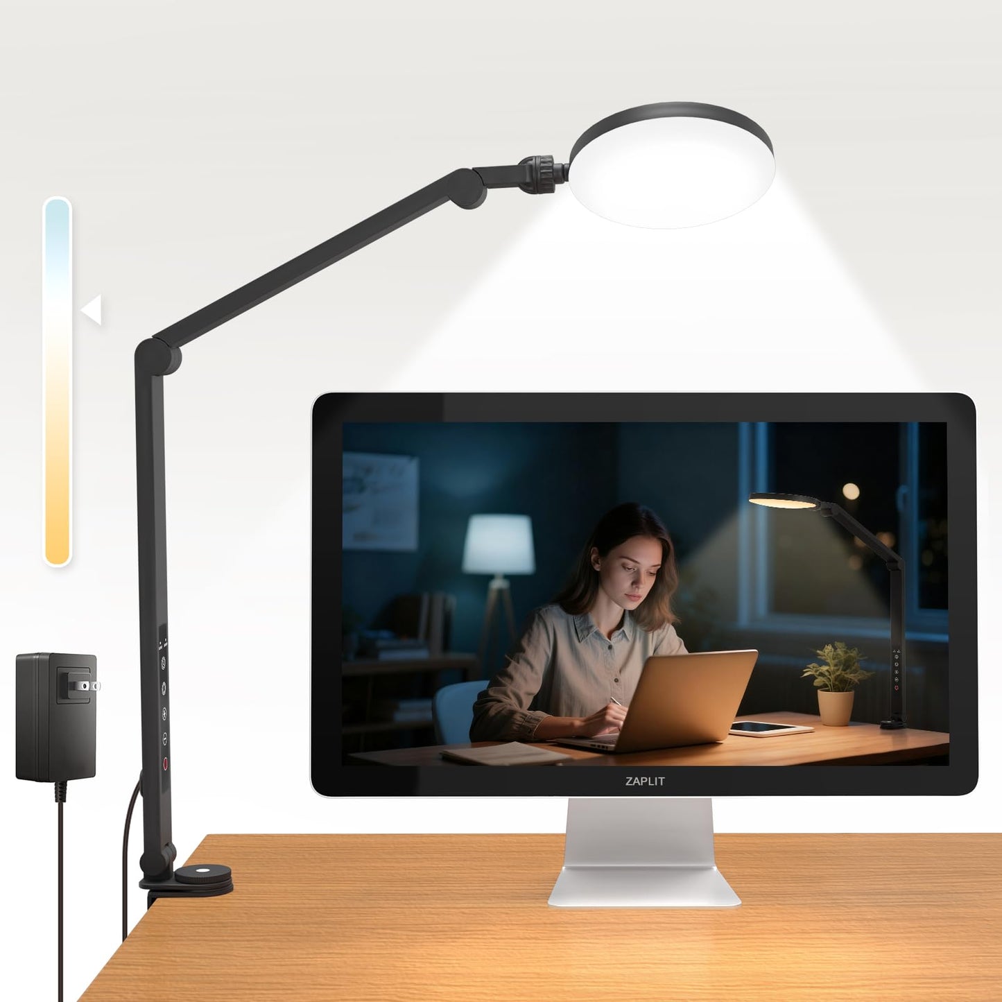 ZAPLIT 16W LED Desk Lamp with I-Clamp, [5 Color Modes 10 Brightness Dimmable] Clip on Architect Lamp, 30 60 Min Auto Timer, Touch Control Office Lamp for Home, Office, Task - Adapter Included