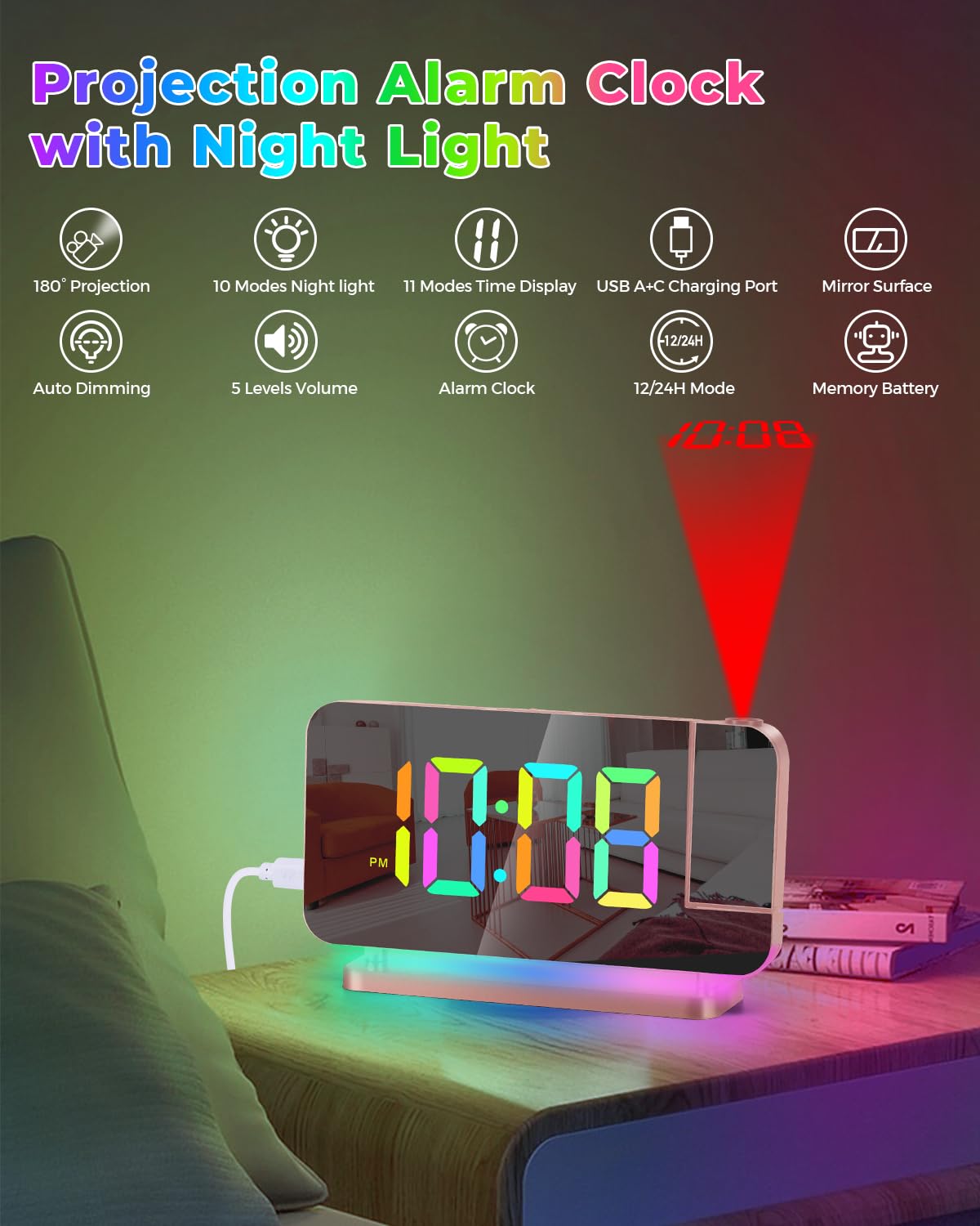 SZELAM Projection Alarm Clock,7.4 in LED Mirror Digital Clocks Projection on Ceiling Wall,with RGB Night Light,USB C Charging Port,Auto Dimming,Modern Desk Clock for Bedroom Decor - Rose Gold