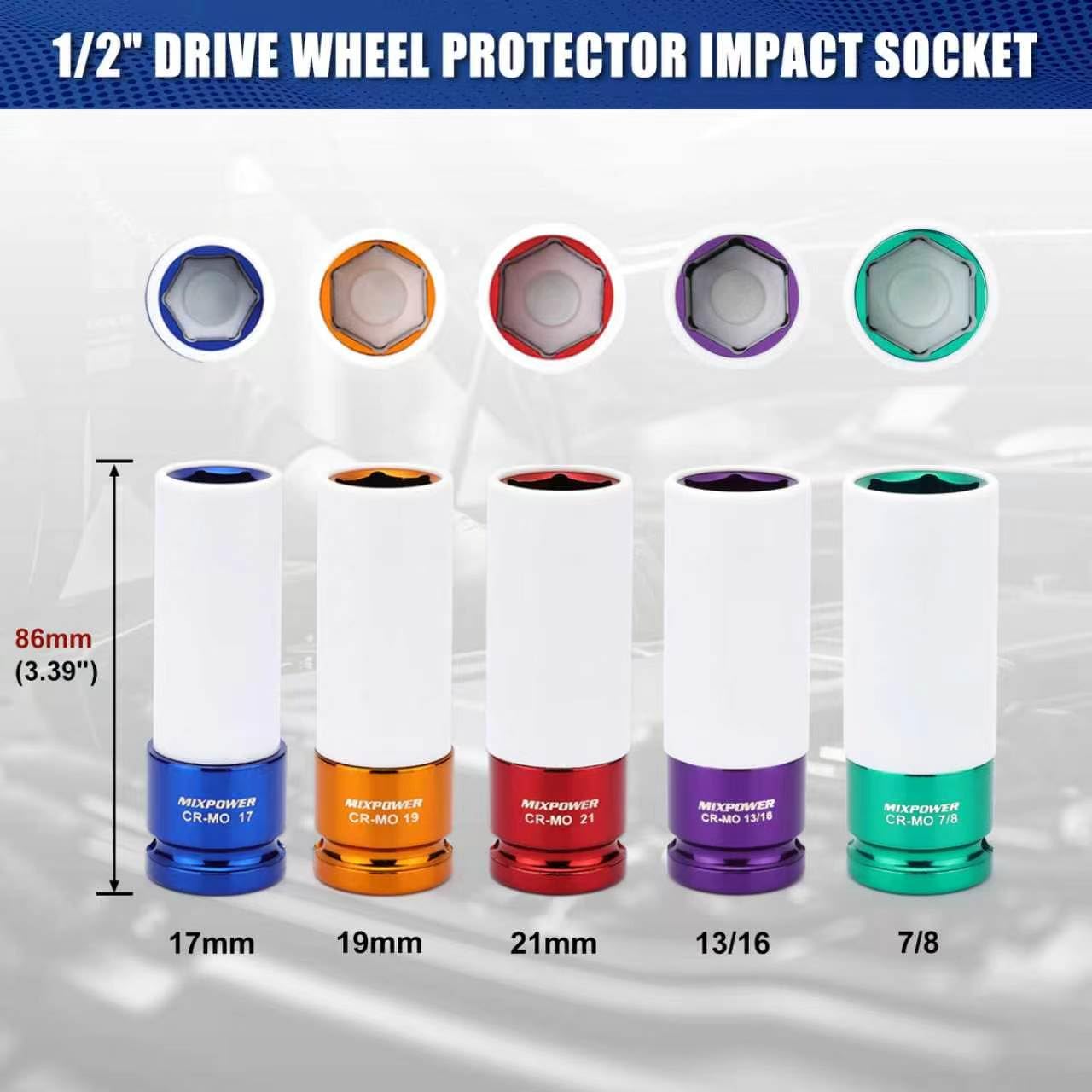 MIXPOWER 5 Pieces 1/2" Drive Wheel Protector Impact Socket Set, CR-MO, Metric/SAE, Thin Wall Deep Impact Socket Set, 6 Point, Color-Coded, 17mm, 19mm, 21mm, 13/16", 7/8"