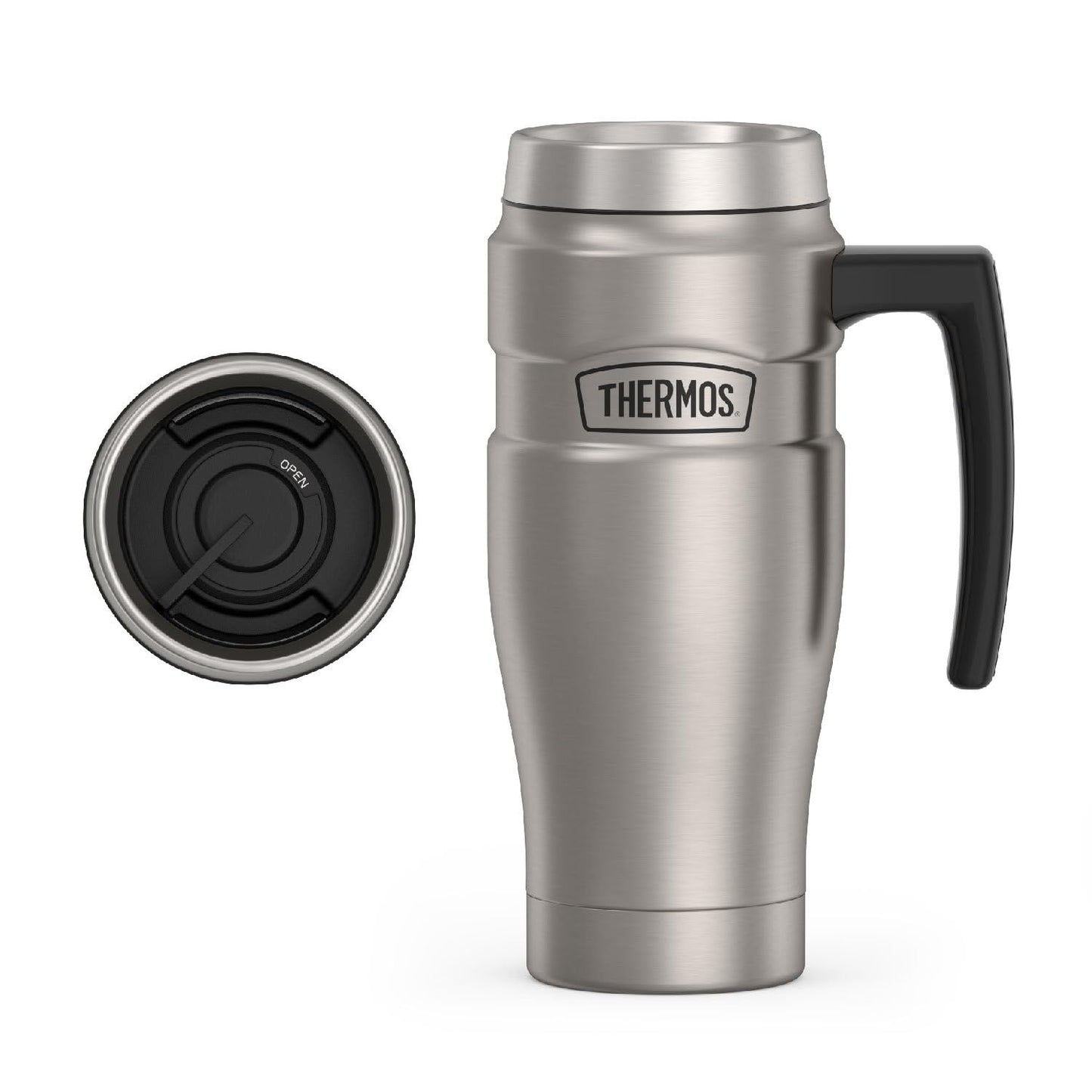 Thermos Stainless King 16 Ounce Travel Mug with Handle, Matte Steel, Gray