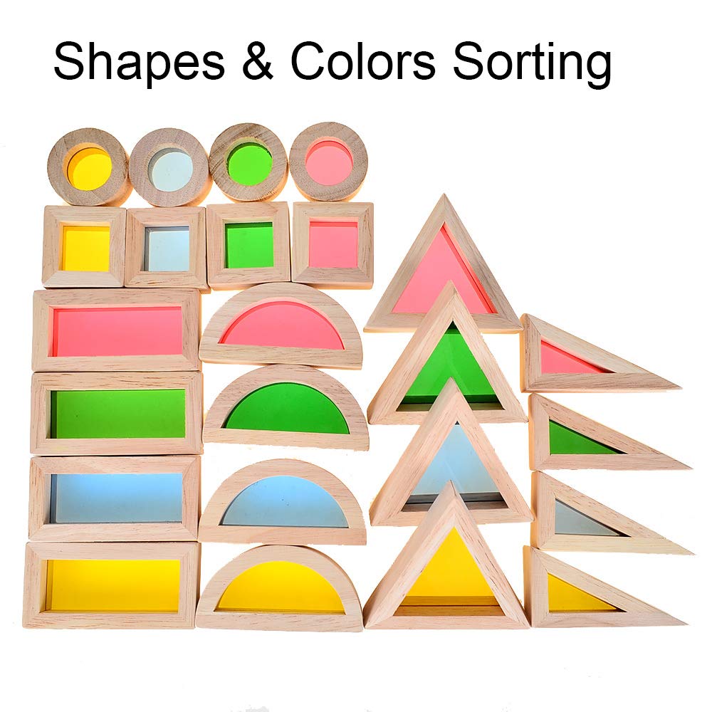 BOHS Rainbow Acrylic Blocks (24 pcs) - Wooden Toys for Toddlers Gift - Play on Light Table/Sunny Window