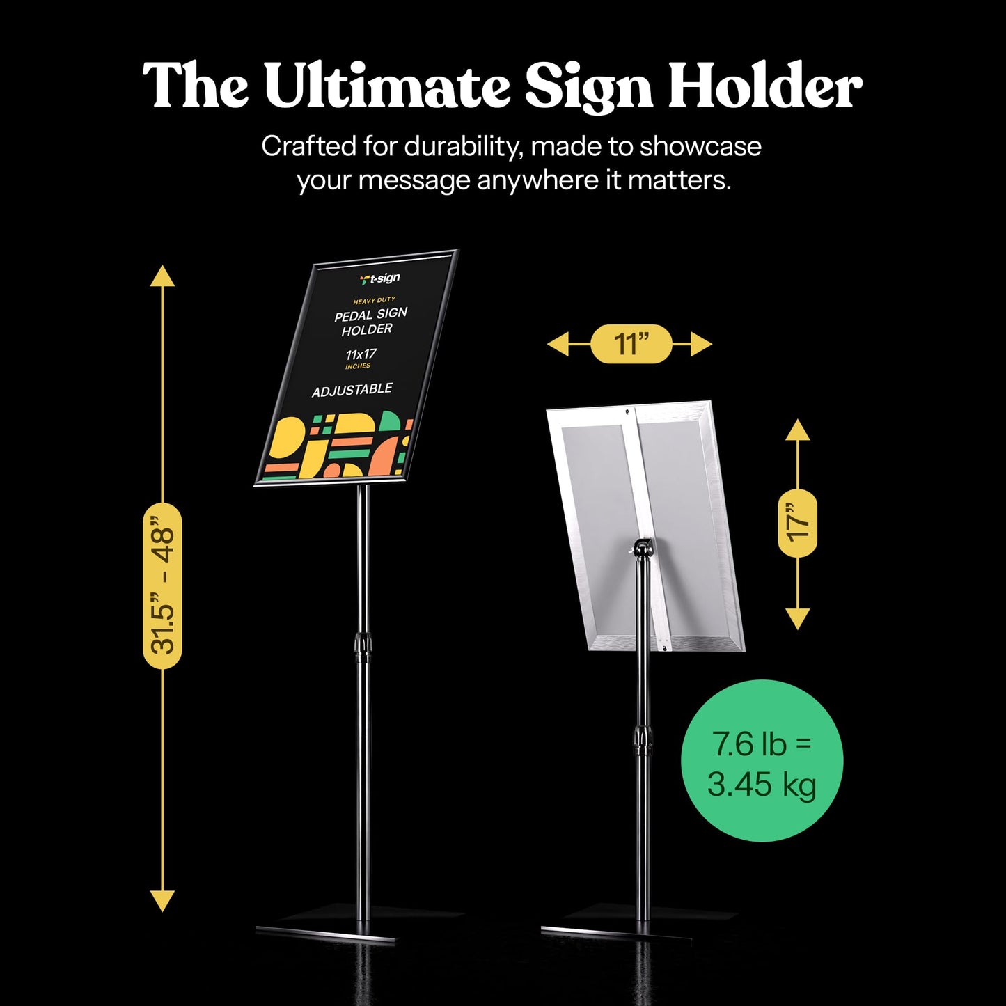T-SIGN Adjustable Heavy Duty Pedestal Poster Stand, Square Steel Base, 11 x 17 Inch Aluminum Snap Open Frame, Vertical and Horizontal Displayed, Black